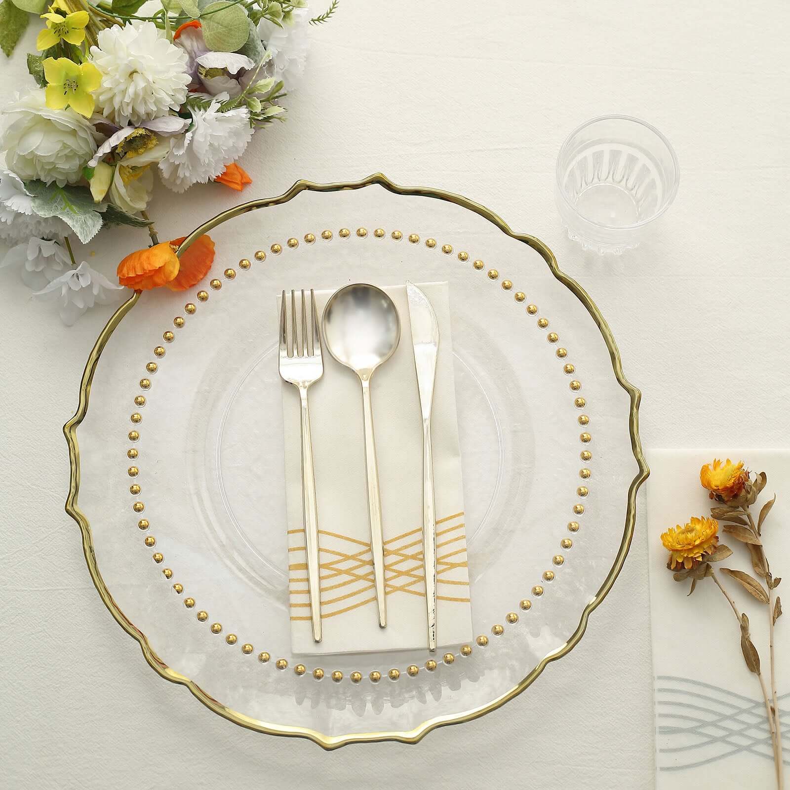 10-Pack Plastic Round Dinner Plates 10" Clear with Gold Beaded Rim - Disposable Party Plates - Image 2