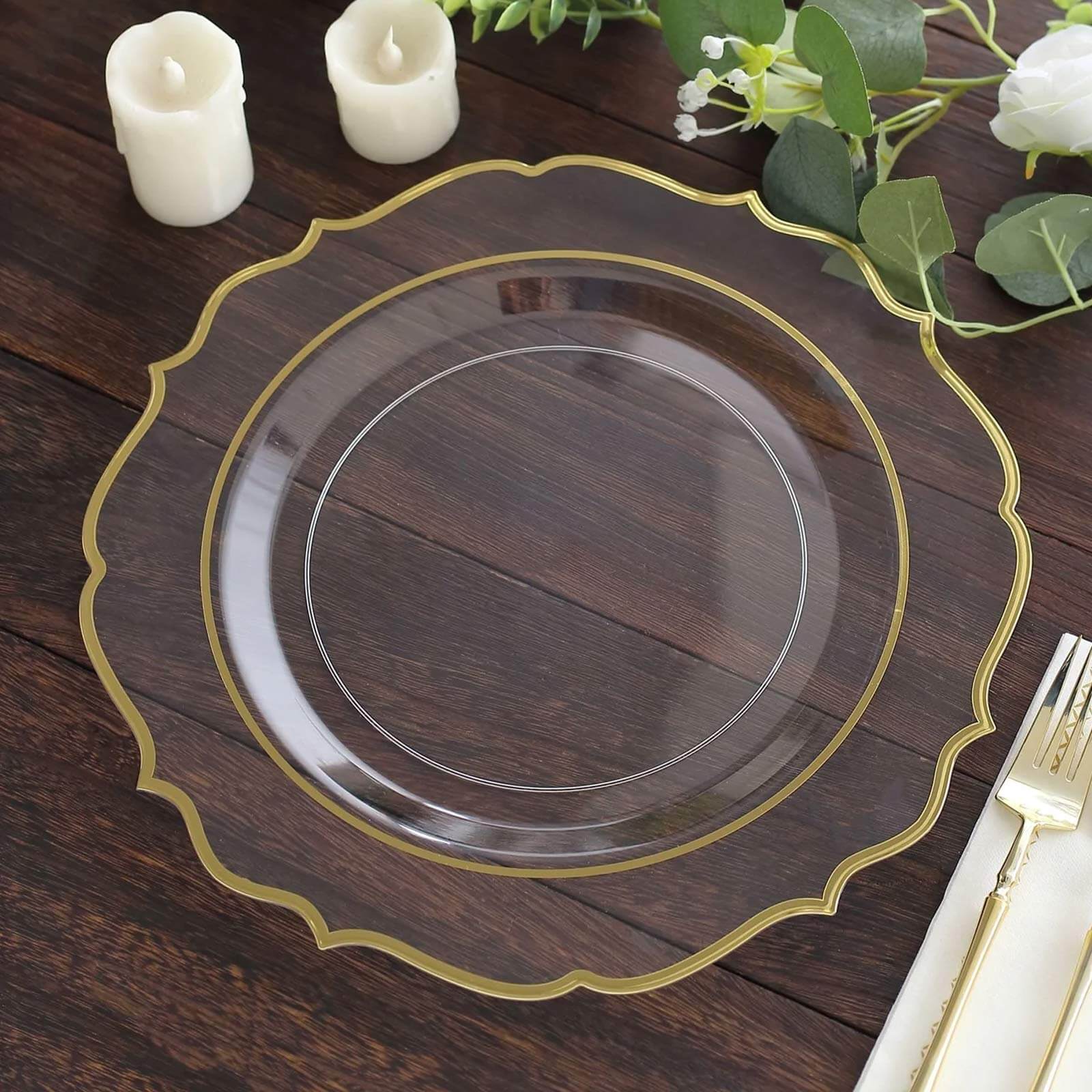 10-Pack Plastic Round Dinner Plates 10" Clear with Gold Scalloped Rim - Disposable Party Plates