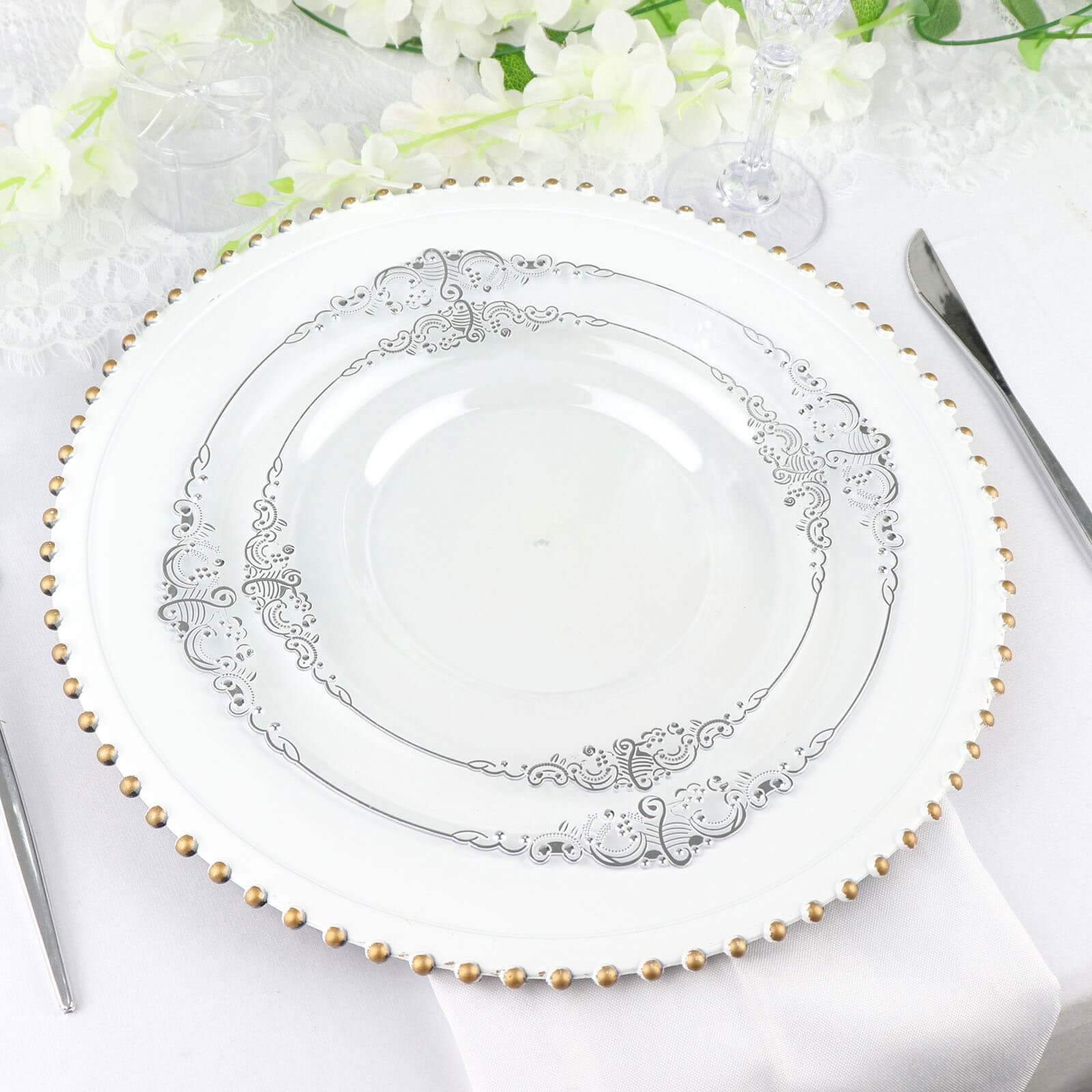 10-Pack Plastic Round Dinner Plates 10" Clear with Silver Leaf Embossed Rim - Vintage Baroque Style Disposable Plates - Image 2