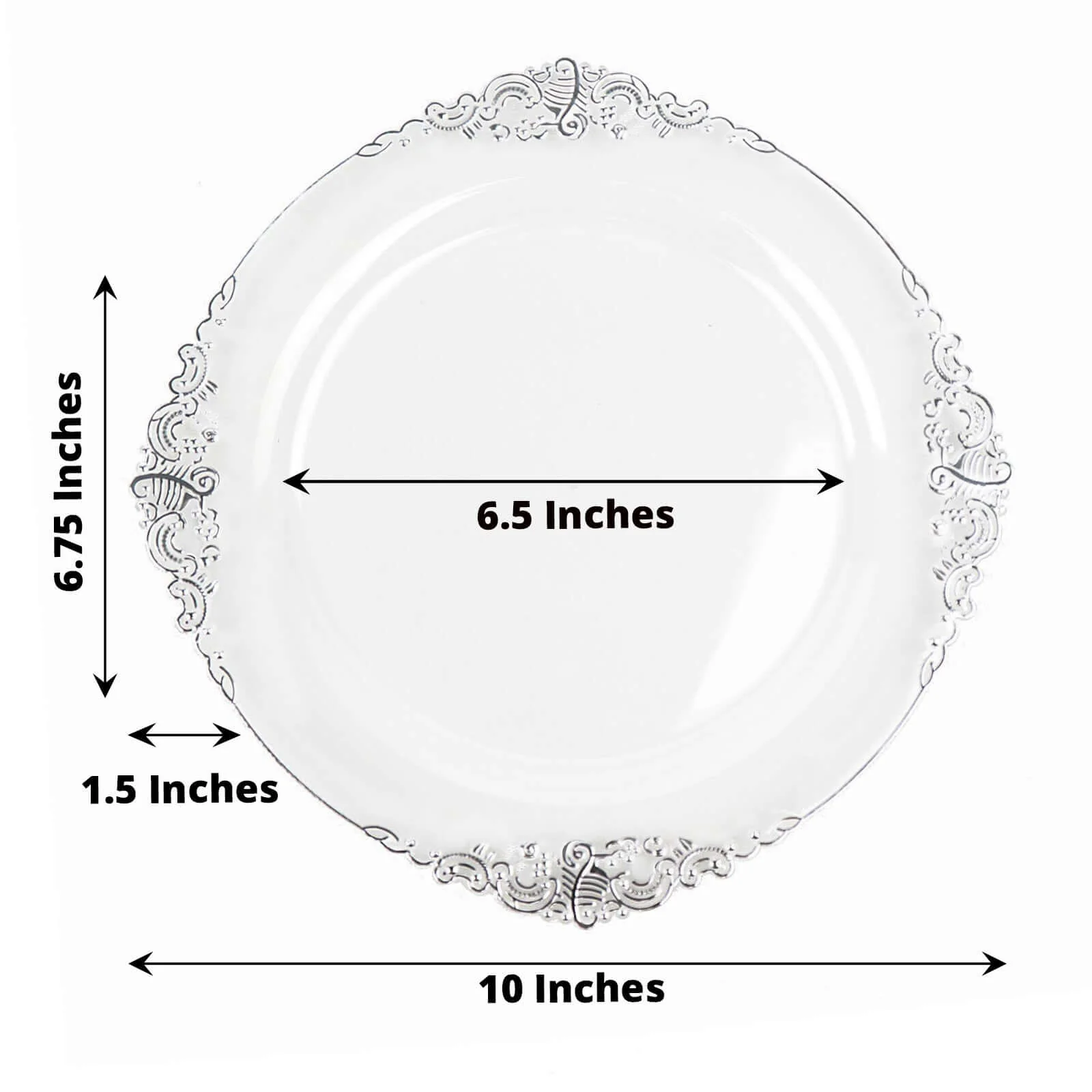 10-Pack Plastic Round Dinner Plates 10" Clear with Silver Leaf Embossed Rim - Vintage Baroque Style Disposable Plates - Image 3