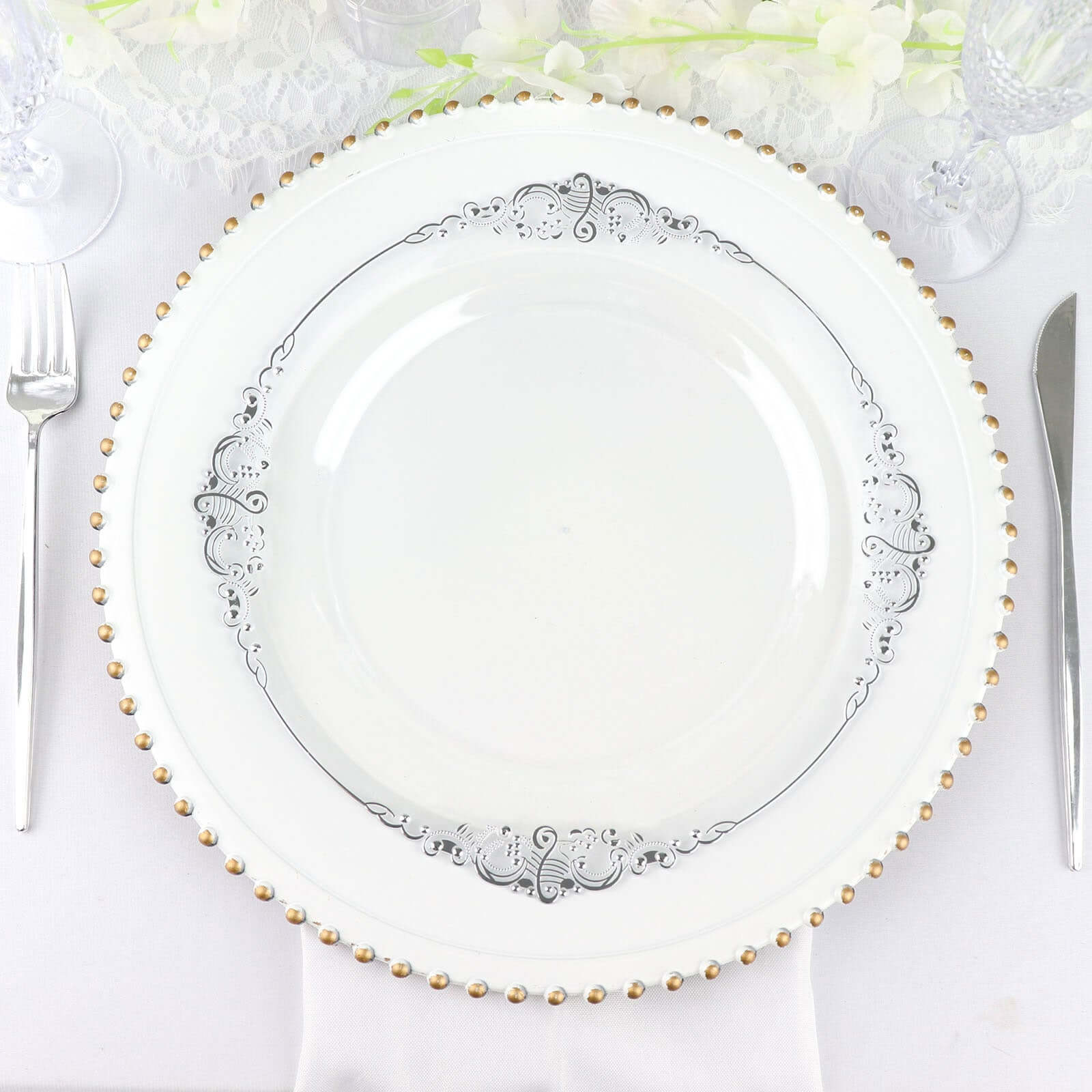 10-Pack Plastic Round Dinner Plates 10" Clear with Silver Leaf Embossed Rim - Vintage Baroque Style Disposable Plates - Image 5