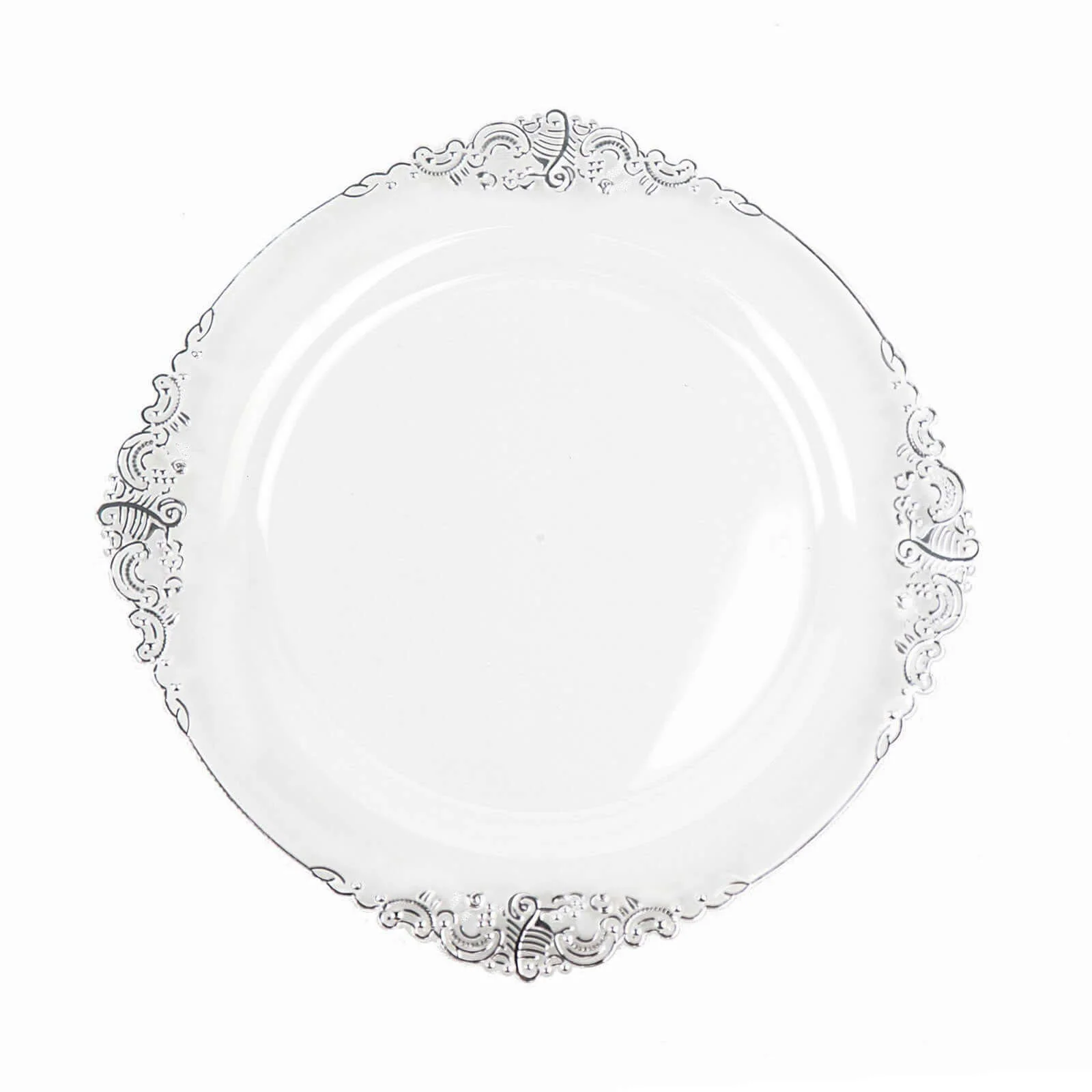 10-Pack Plastic Round Dinner Plates 10" Clear with Silver Leaf Embossed Rim - Vintage Baroque Style Disposable Plates - Image 6