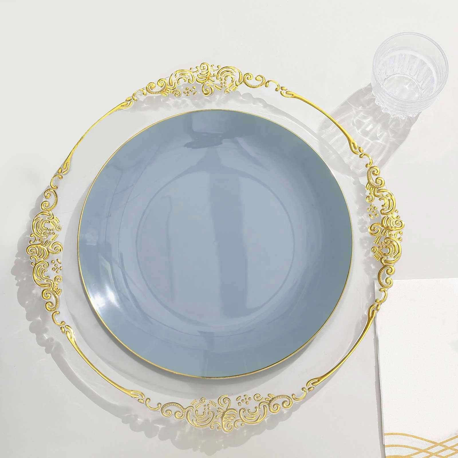 10-Pack Plastic Round Dinner Plates 10" Dusty Blue with Gold Rim - Glossy Disposable Party Plates - Image 6