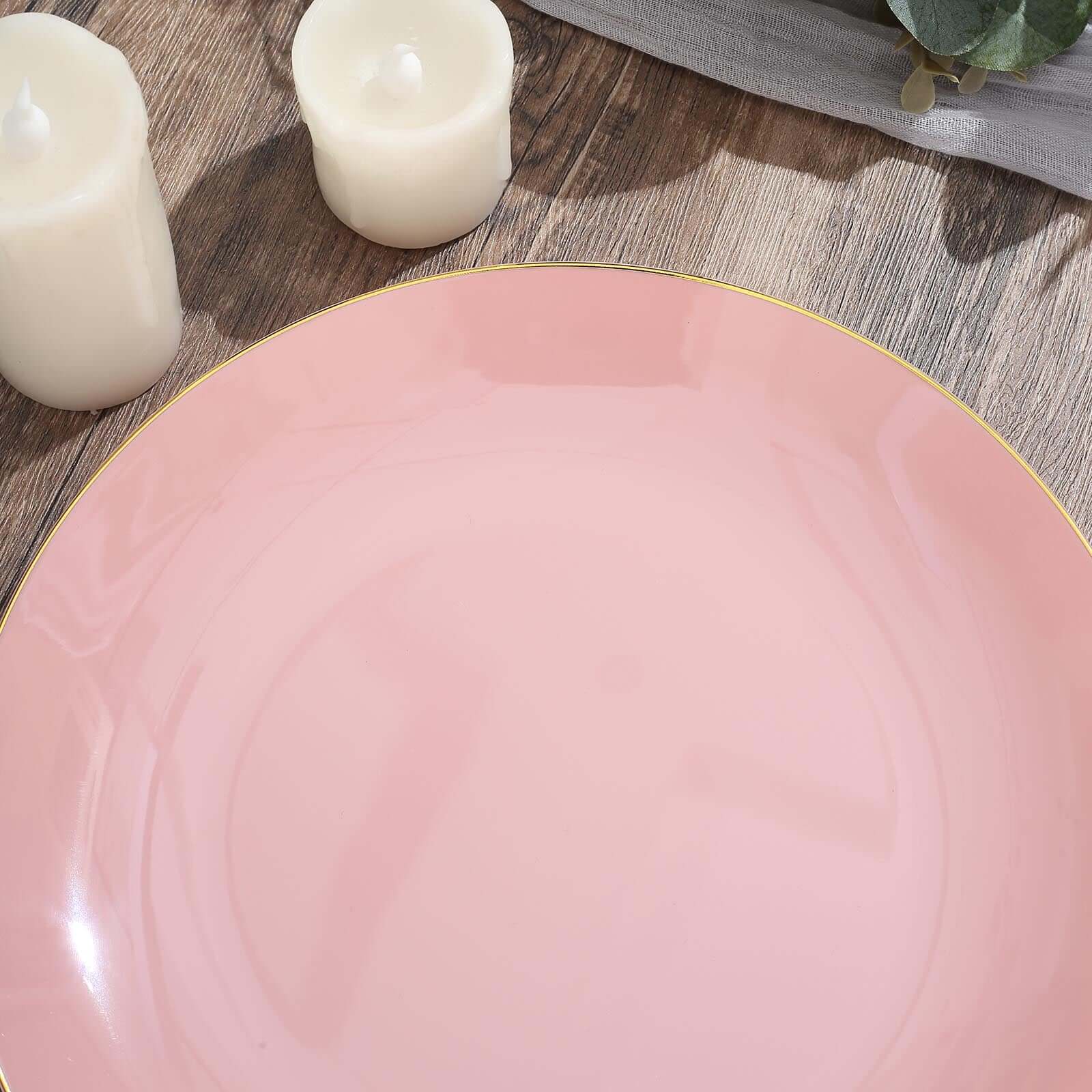 10-Pack Plastic Round Dinner Plates 10" Dusty Rose with Gold Rim - Glossy Disposable Party Plates - Image 12
