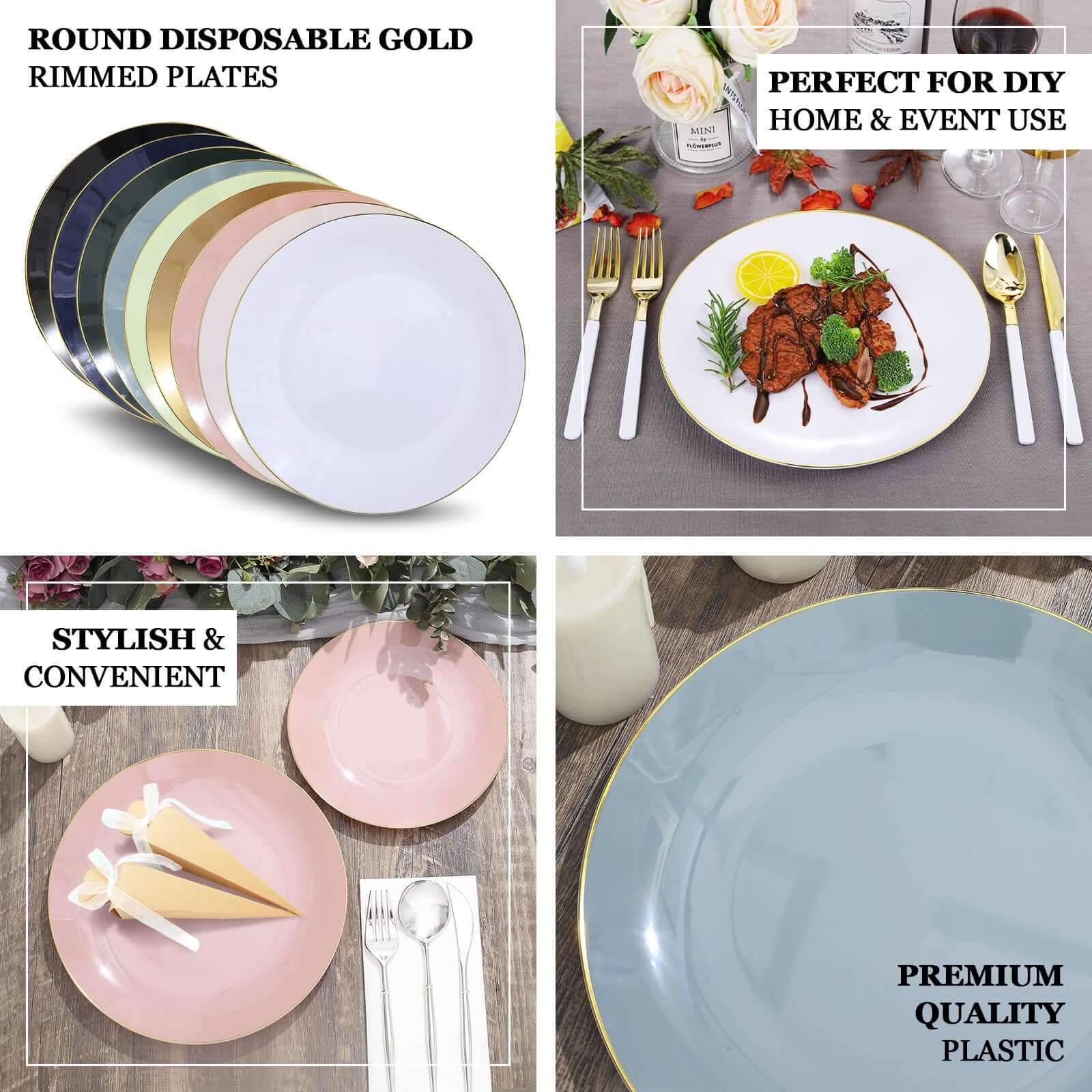 10-Pack Plastic Round Dinner Plates 10" Dusty Rose with Gold Rim - Glossy Disposable Party Plates - Image 4
