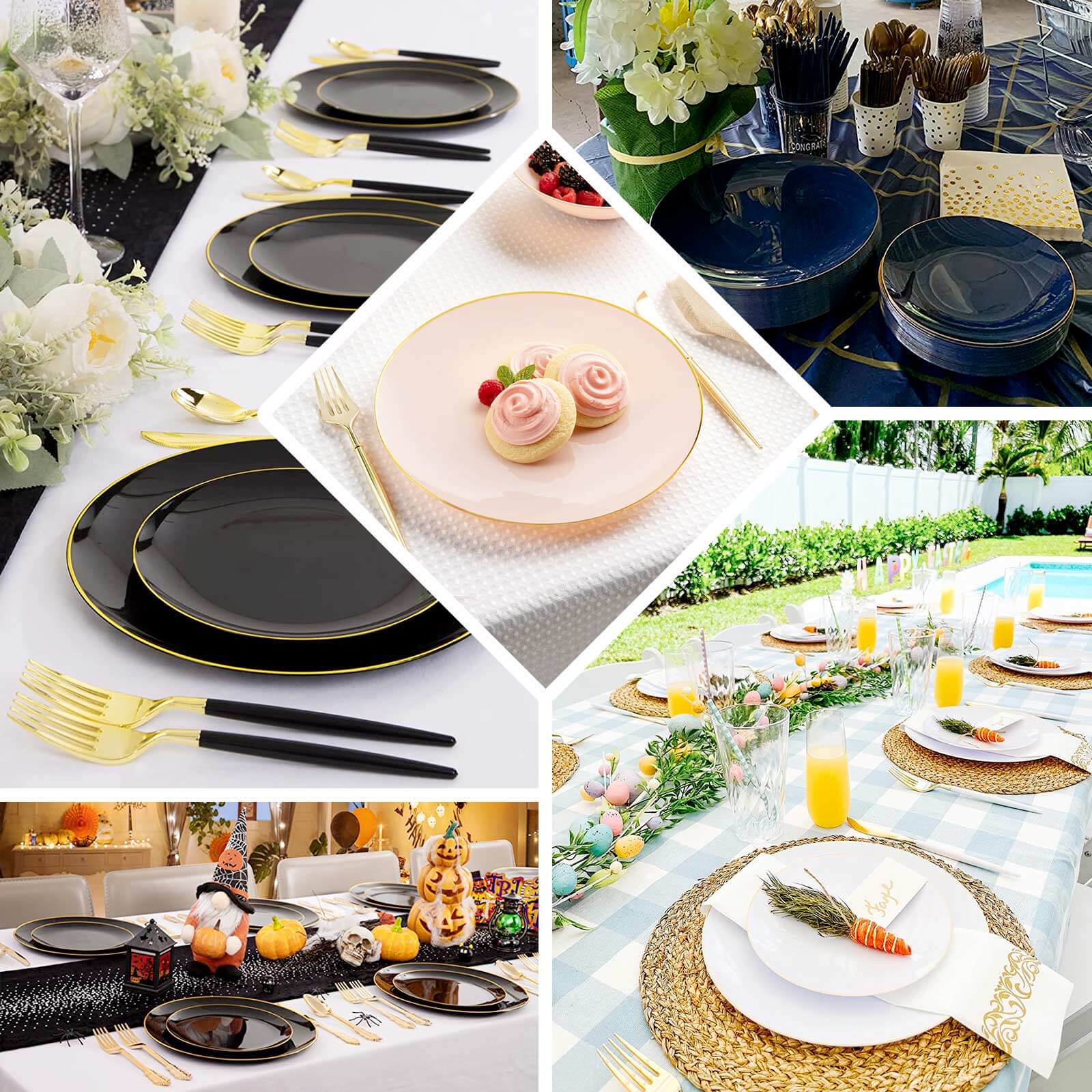 10-Pack Plastic Round Dinner Plates 10" Dusty Rose with Gold Rim - Glossy Disposable Party Plates - Image 5