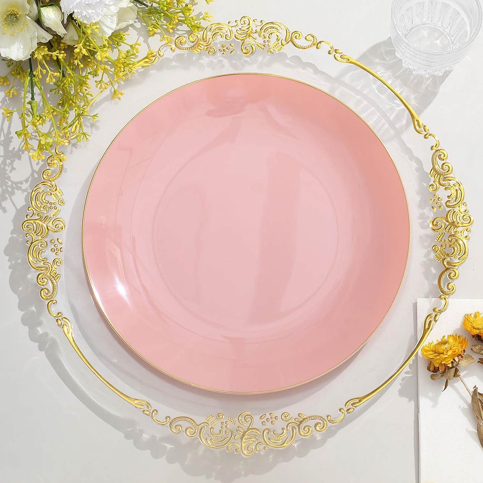 10-Pack Plastic Round Dinner Plates 10" Dusty Rose with Gold Rim - Glossy Disposable Party Plates - Image 7