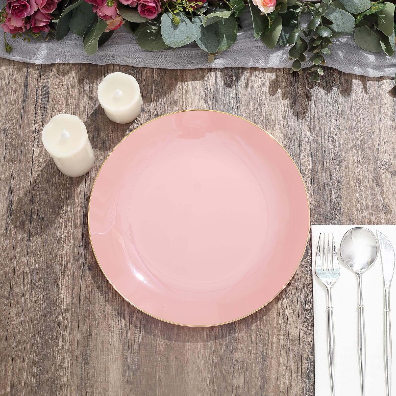 10-Pack Plastic Round Dinner Plates 10" Dusty Rose with Gold Rim - Glossy Disposable Party Plates - Image 9