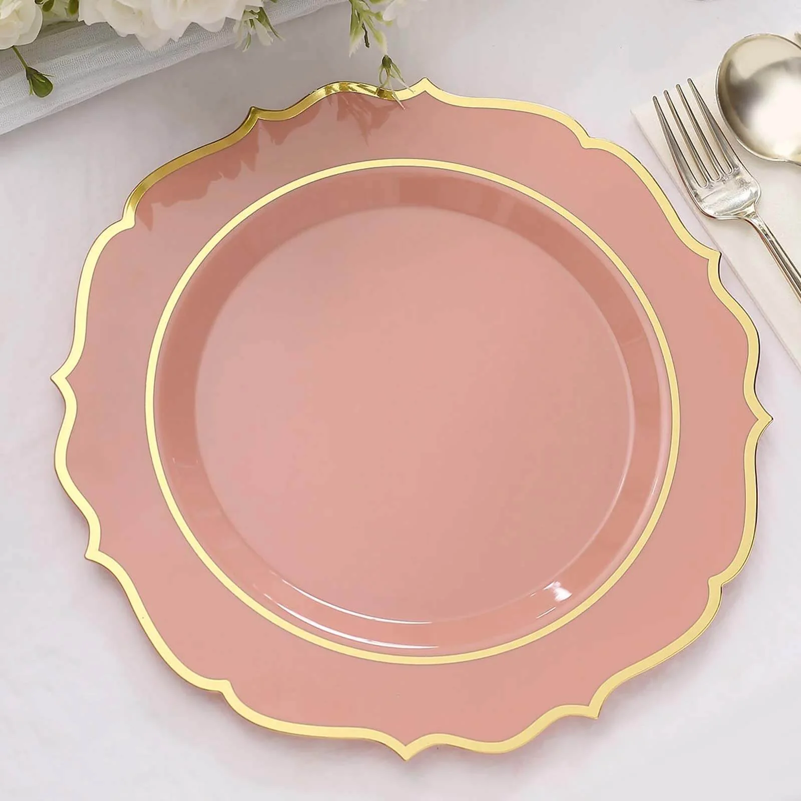 10-Pack Plastic Round Dinner Plates 10" Dusty Rose with Gold Scalloped Rim - Disposable Party Plates