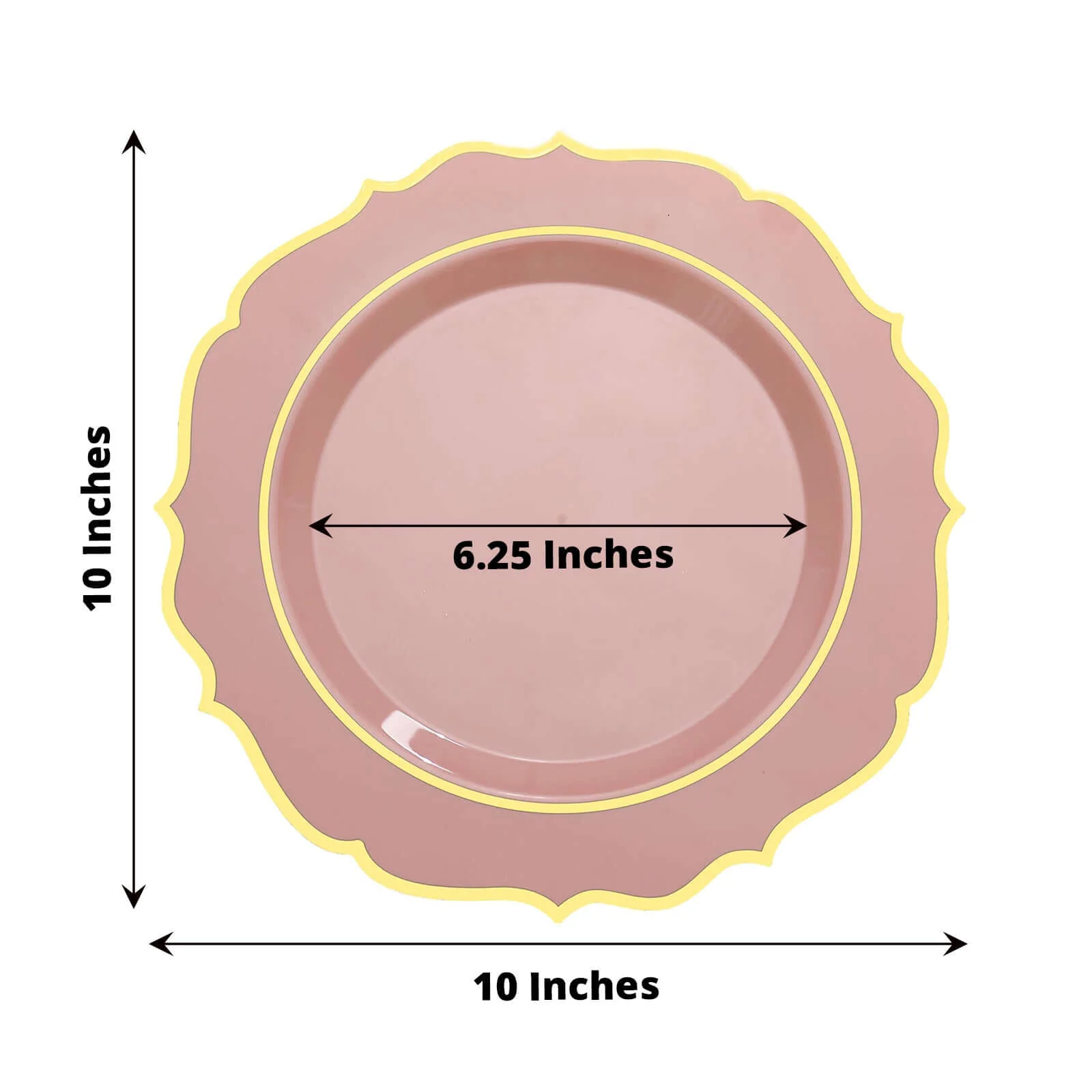 10-Pack Plastic Round Dinner Plates 10" Dusty Rose with Gold Scalloped Rim - Disposable Party Plates - Image 3