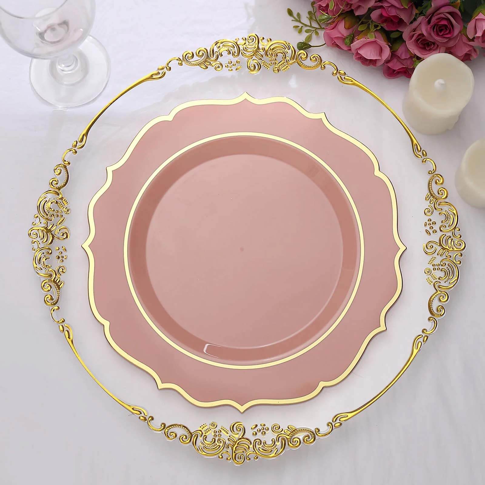10-Pack Plastic Round Dinner Plates 10" Dusty Rose with Gold Scalloped Rim - Disposable Party Plates - Image 6