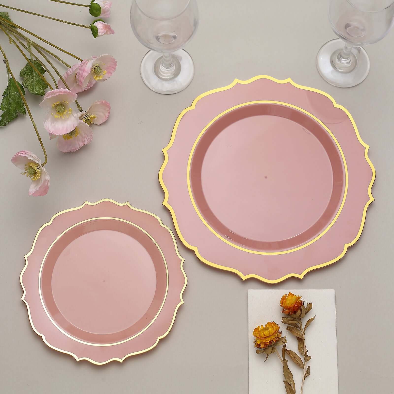 10-Pack Plastic Round Dinner Plates 10" Dusty Rose with Gold Scalloped Rim - Disposable Party Plates - Image 8