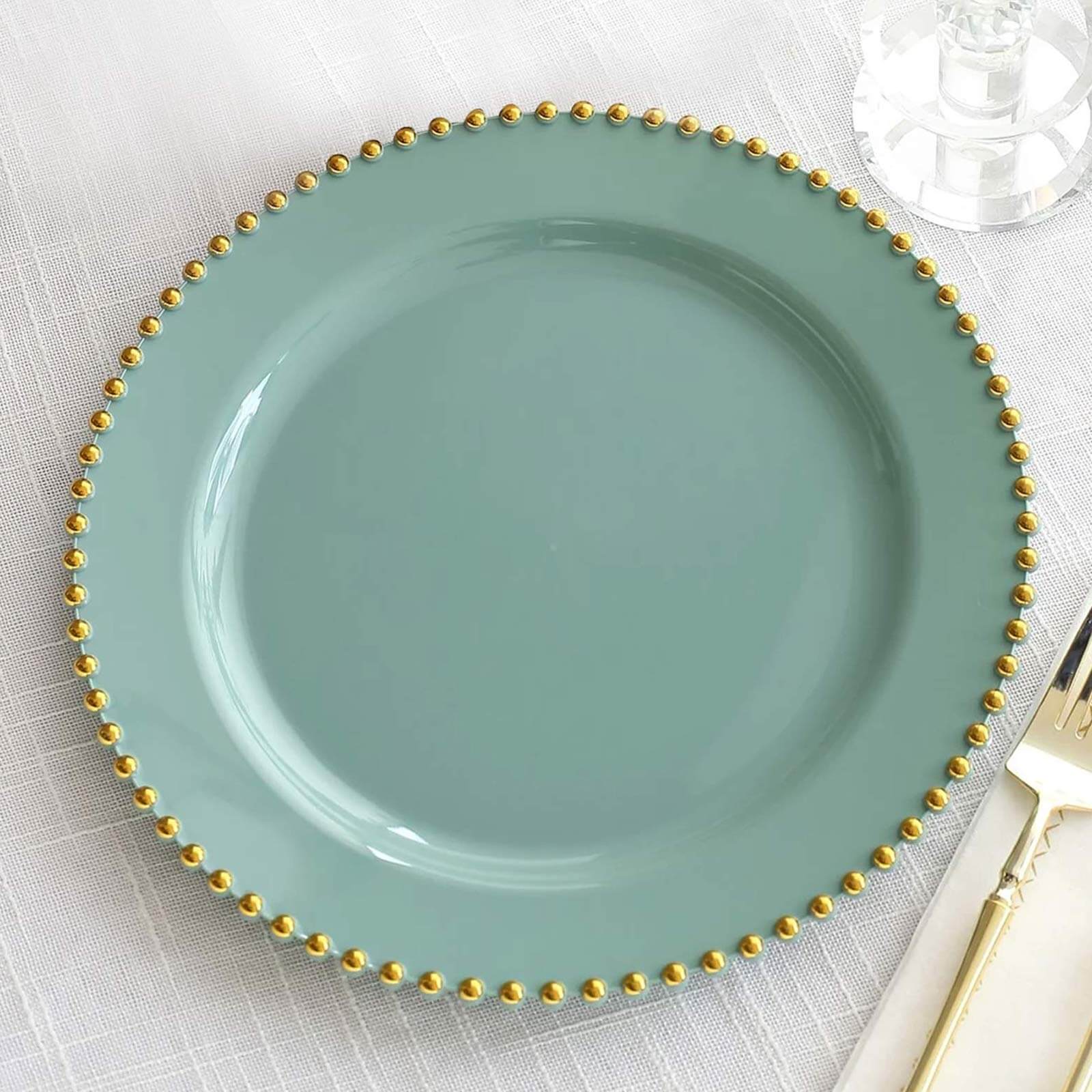 10-Pack Plastic Round Dinner Plates 10" Dusty Sage Green with Gold Beaded Rim - Disposable Party Plates