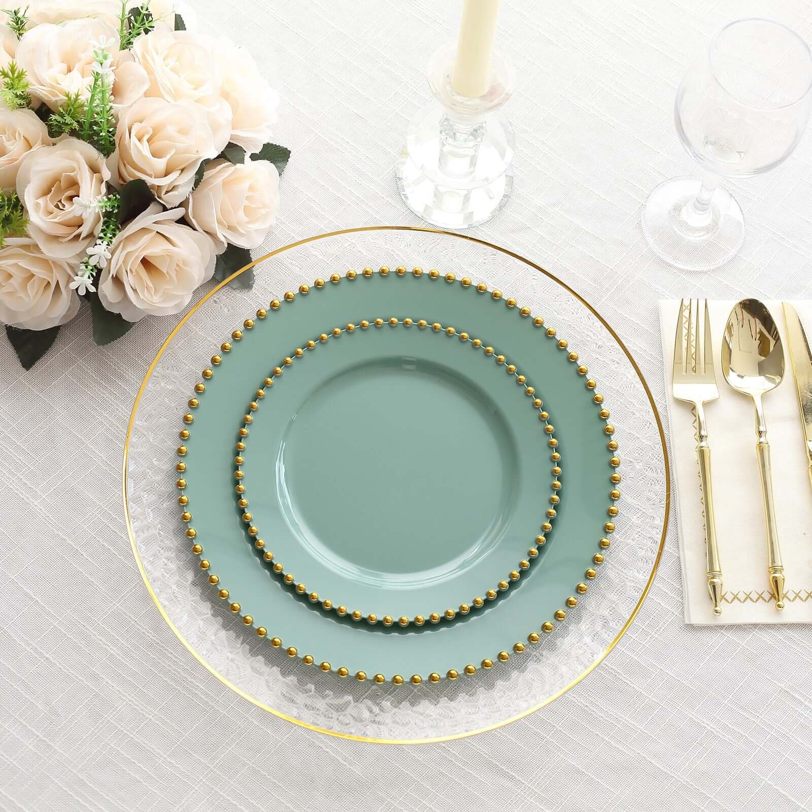 10-Pack Plastic Round Dinner Plates 10" Dusty Sage Green with Gold Beaded Rim - Disposable Party Plates - Image 2