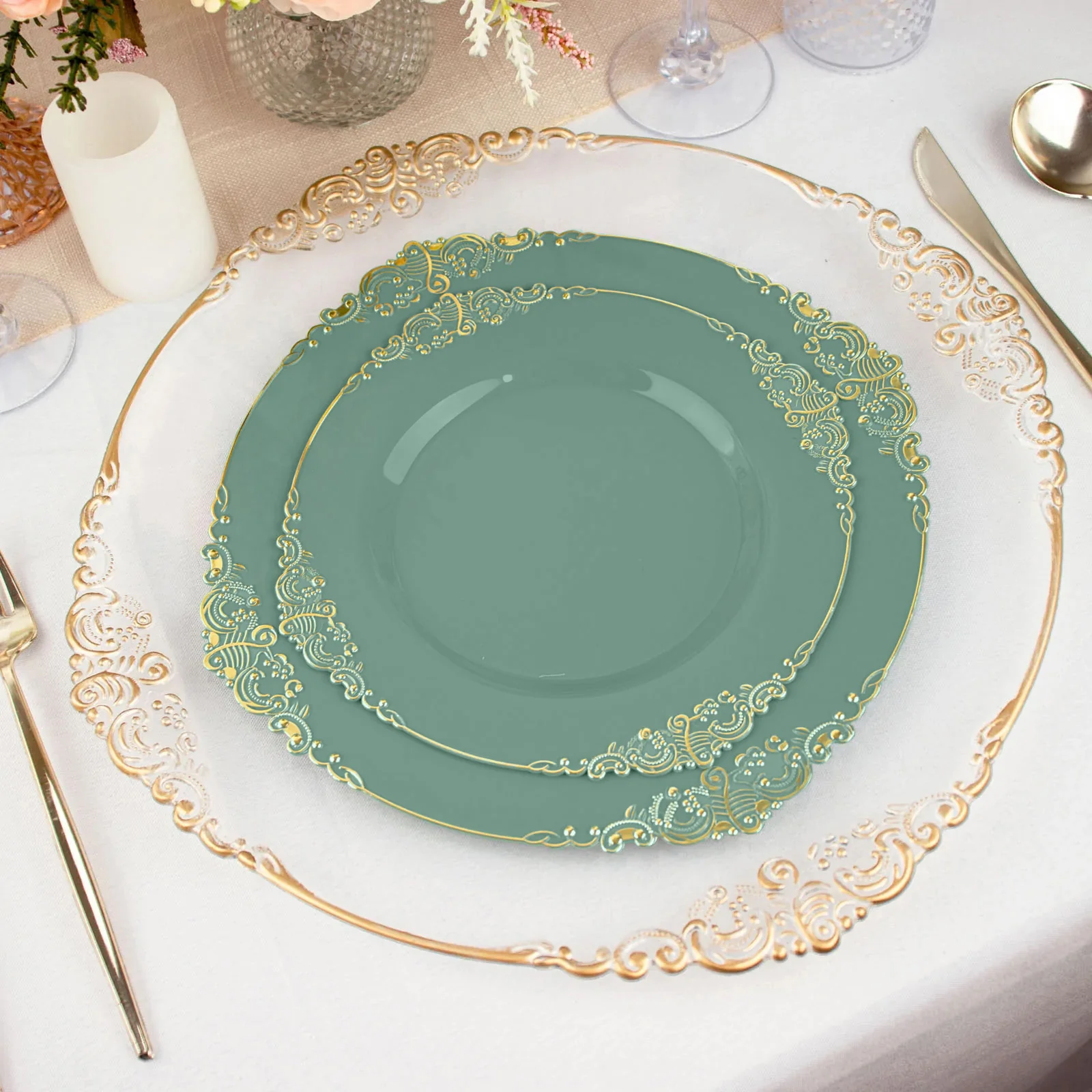 10-Pack Plastic Round Dinner Plates 10" Dusty Sage Green with Gold Leaf Embossed Rim - Vintage Baroque Style Disposable Plates - Image 2