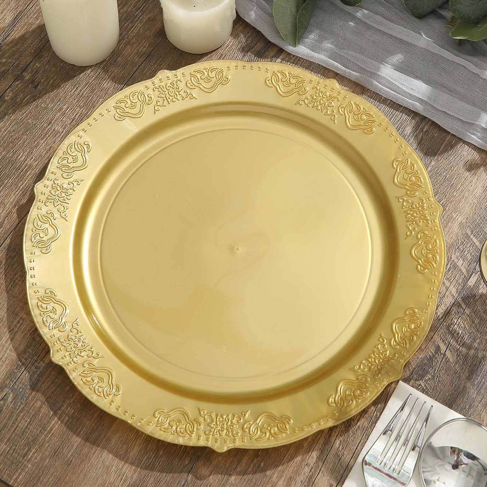 10-Pack Plastic Round Dinner Plates 10" Gold Embossed Scalloped Edge - Stylish Disposable Party Plates for Weddings & Celebrations
