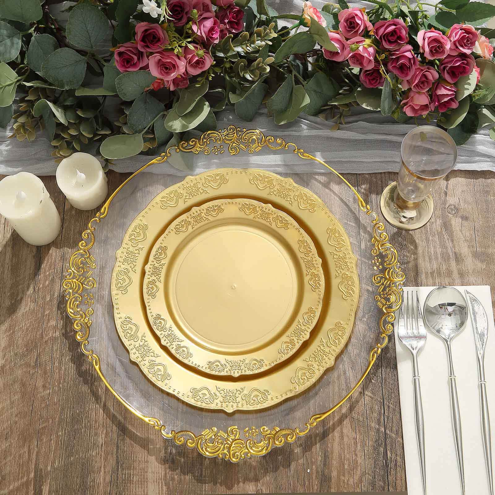 10-Pack Plastic Round Dinner Plates 10" Gold Embossed Scalloped Edge - Stylish Disposable Party Plates for Weddings & Celebrations - Image 2