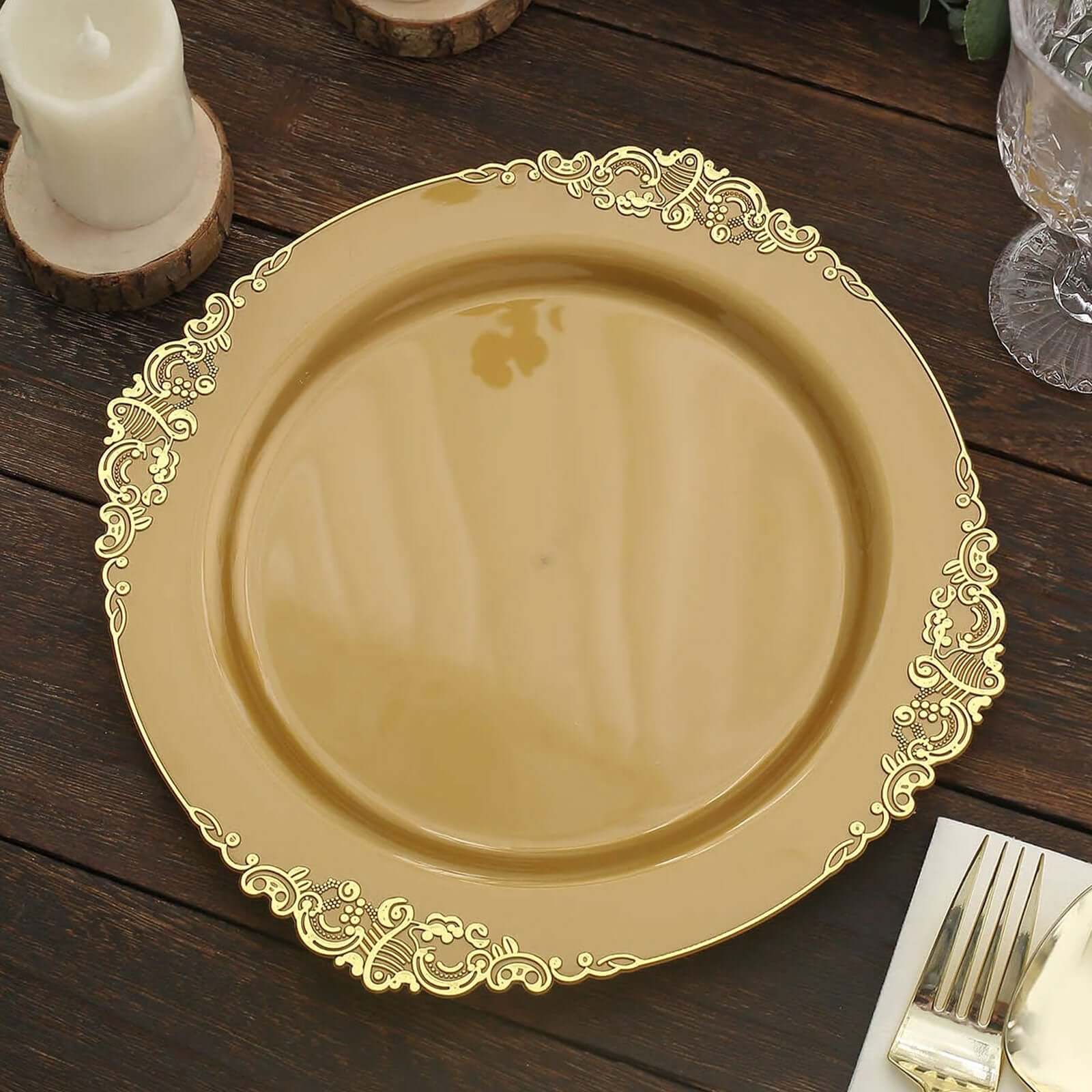 10-Pack Plastic Round Dinner Plates 10" Gold with Leaf Embossed Rim - Vintage Baroque Style Disposable Plates for Upscale Dining & Special Events