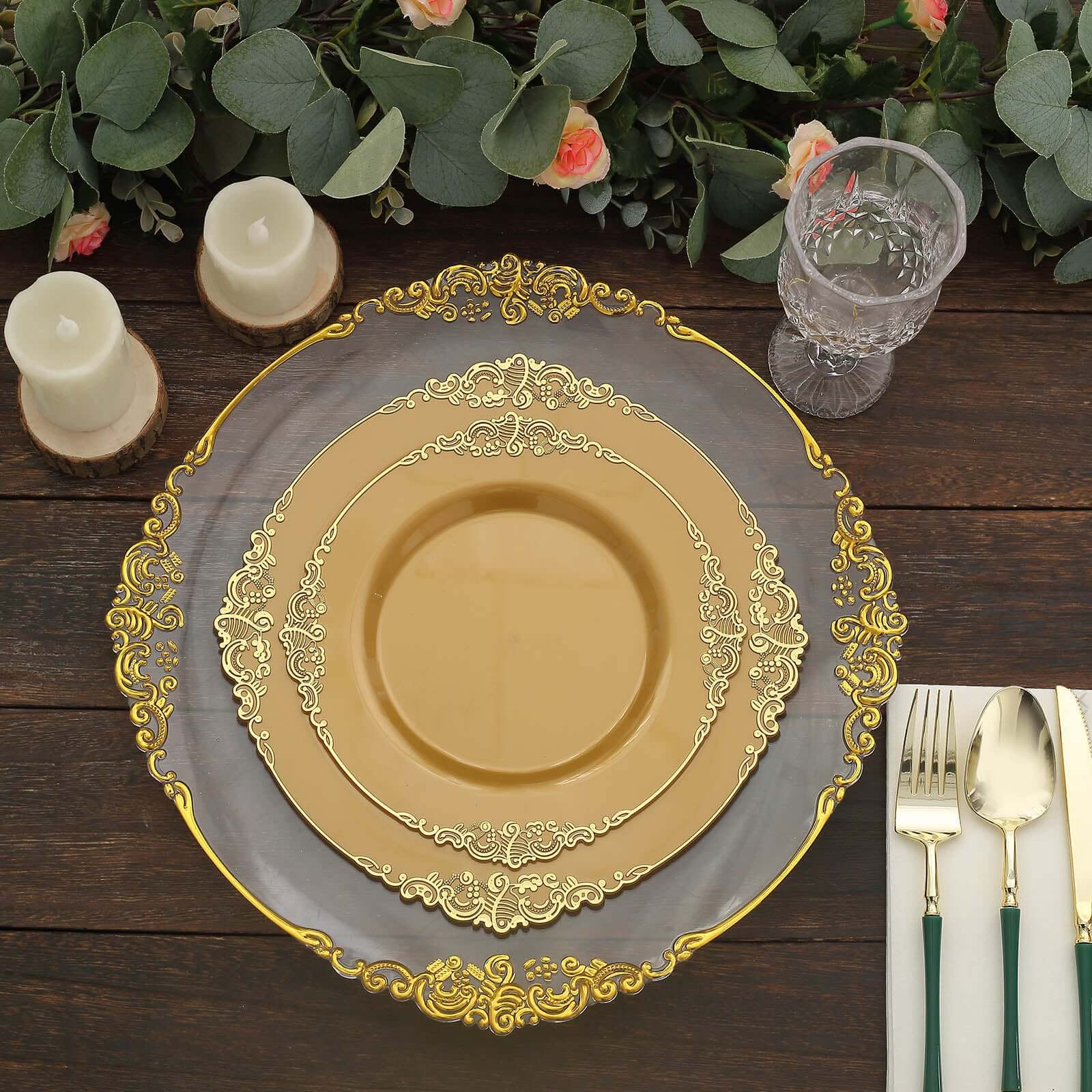 10-Pack Plastic Round Dinner Plates 10" Gold with Leaf Embossed Rim - Vintage Baroque Style Disposable Plates for Upscale Dining & Special Events - Image 2