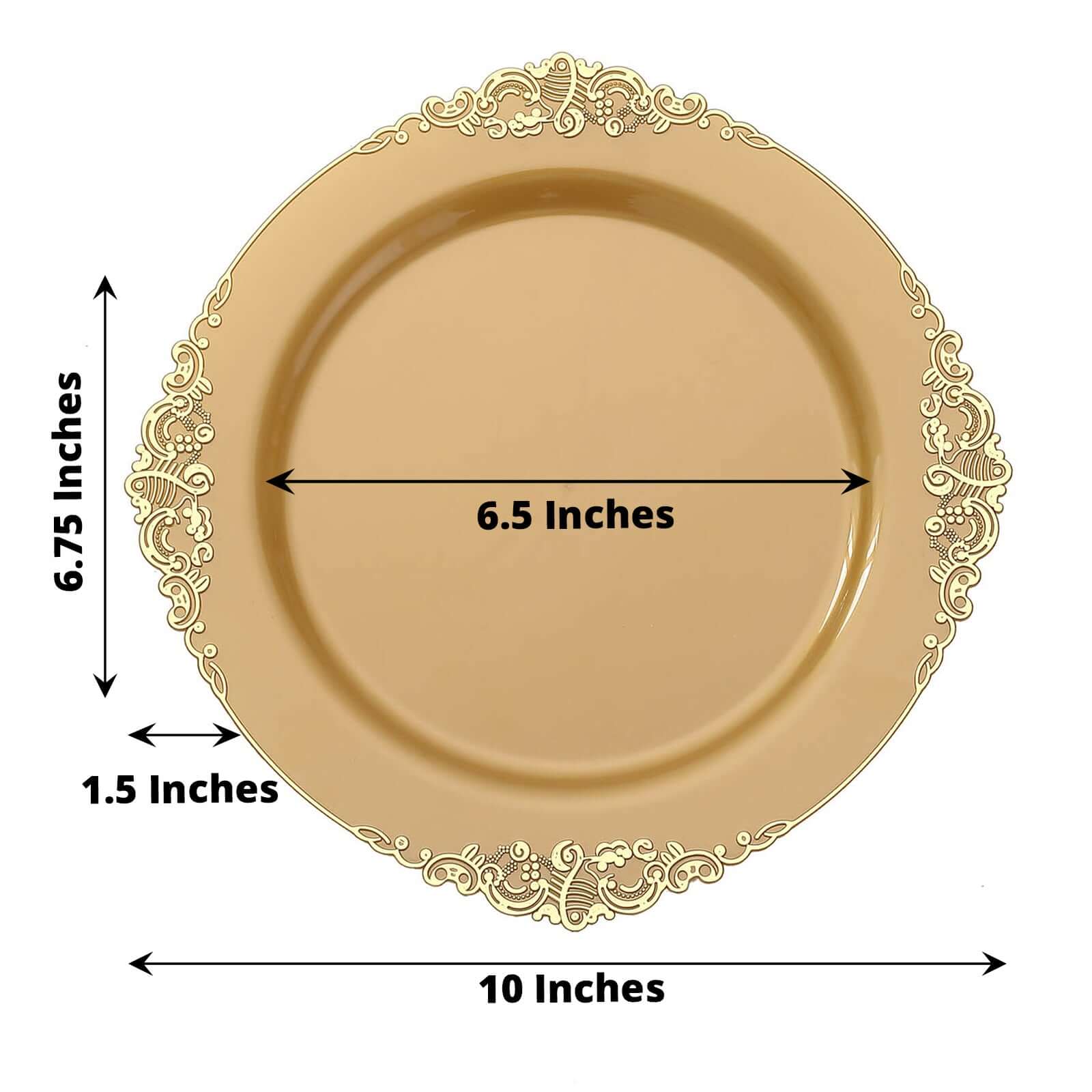 10-Pack Plastic Round Dinner Plates 10" Gold with Leaf Embossed Rim - Vintage Baroque Style Disposable Plates for Upscale Dining & Special Events - Image 3