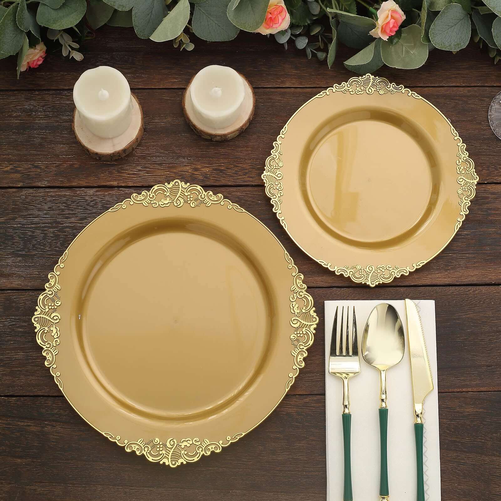 10-Pack Plastic Round Dinner Plates 10" Gold with Leaf Embossed Rim - Vintage Baroque Style Disposable Plates for Upscale Dining & Special Events - Image 6