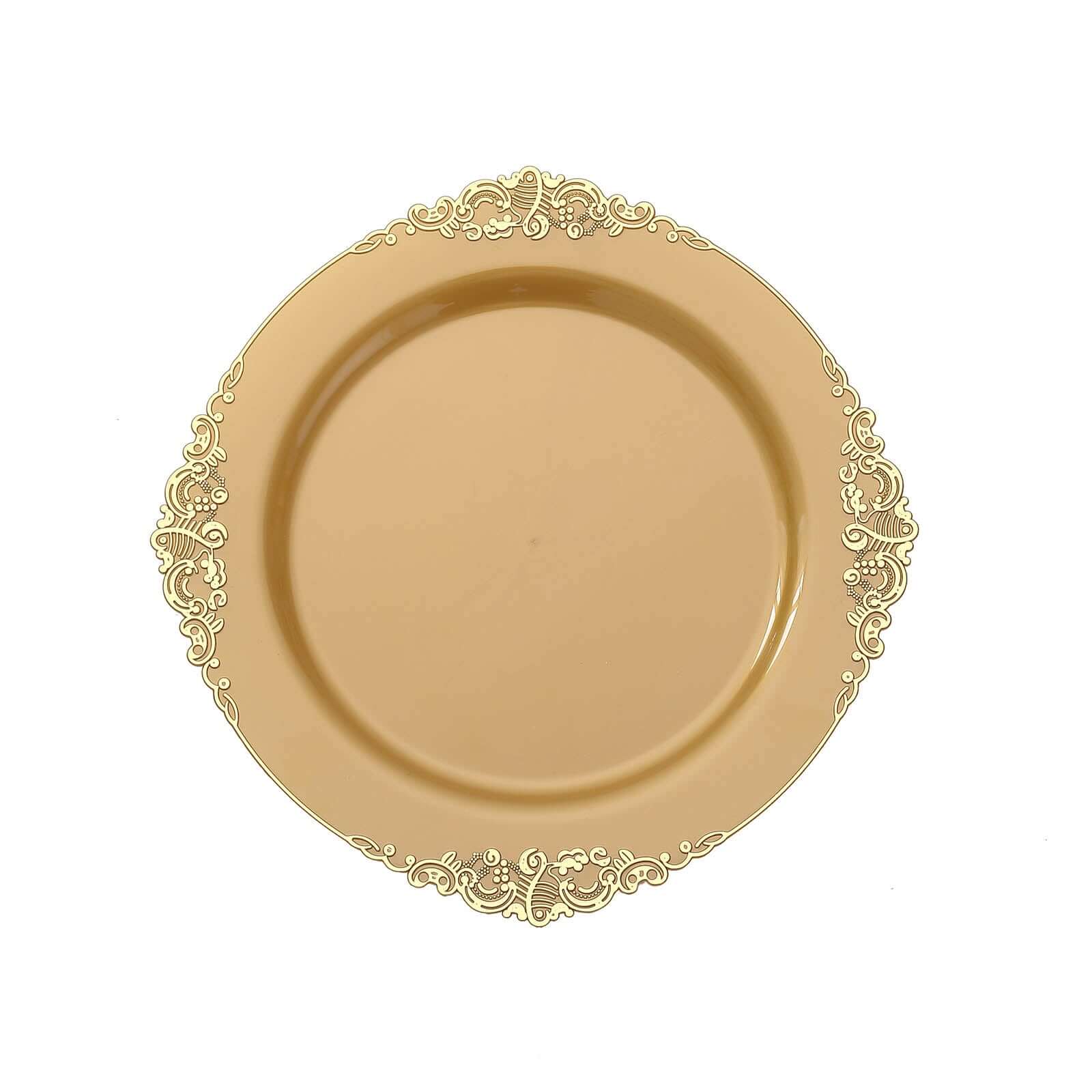 10-Pack Plastic Round Dinner Plates 10" Gold with Leaf Embossed Rim - Vintage Baroque Style Disposable Plates for Upscale Dining & Special Events - Image 7