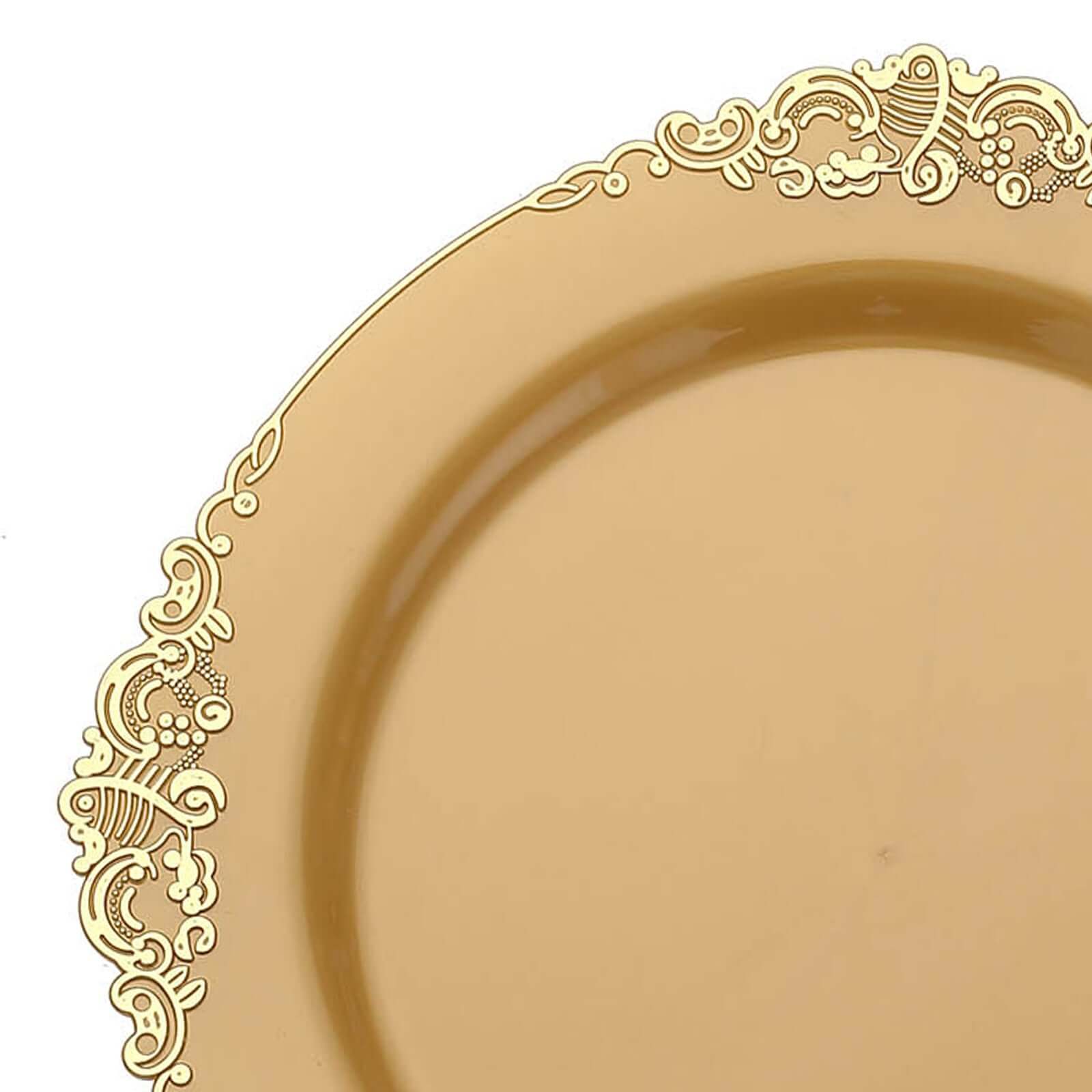 10-Pack Plastic Round Dinner Plates 10" Gold with Leaf Embossed Rim - Vintage Baroque Style Disposable Plates for Upscale Dining & Special Events - Image 8