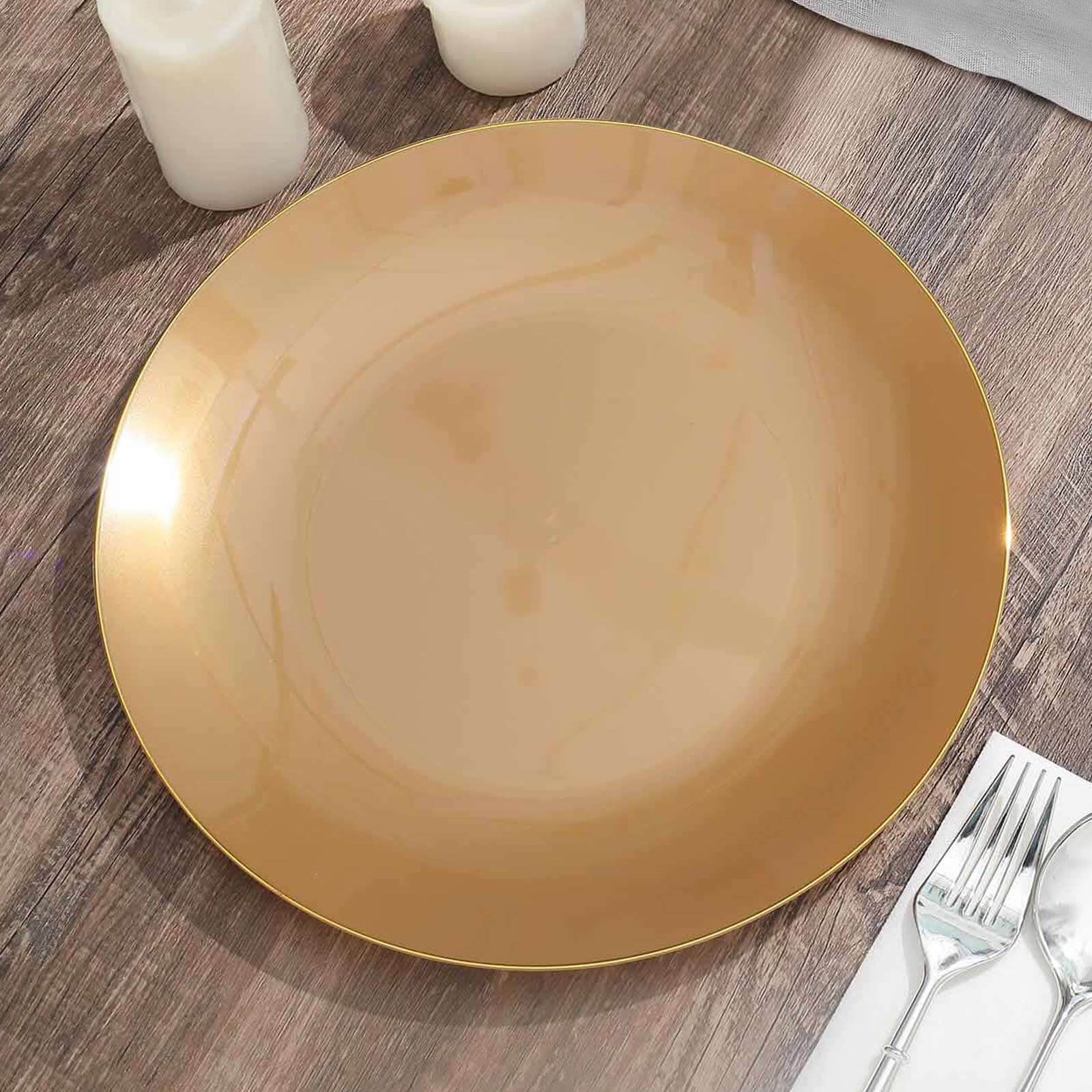 10-Pack Plastic Round Dinner Plates 10" Gold with Gold Rim - Glossy Disposable Party Plates