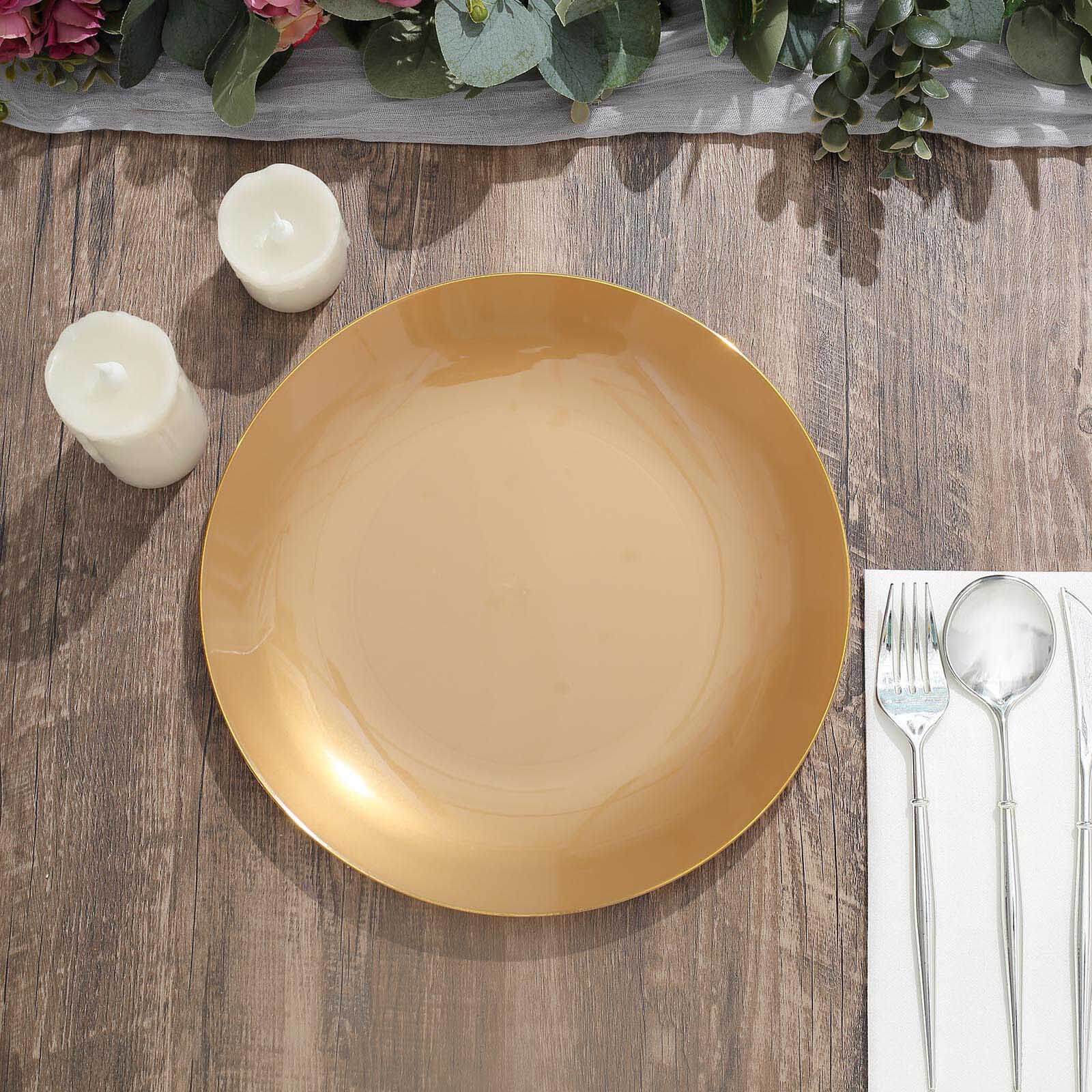 10-Pack Plastic Round Dinner Plates 10" Gold with Gold Rim - Glossy Disposable Party Plates - Image 8