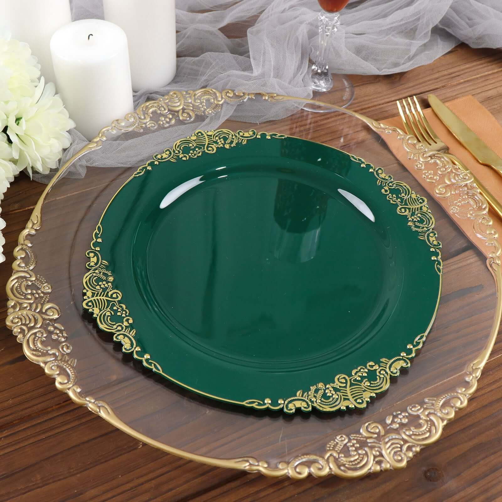 10-Pack Plastic Round Dinner Plates 10" Hunter Emerald Green with Gold Leaf Embossed Rim - Vintage Baroque Style Disposable Plates - Image 2