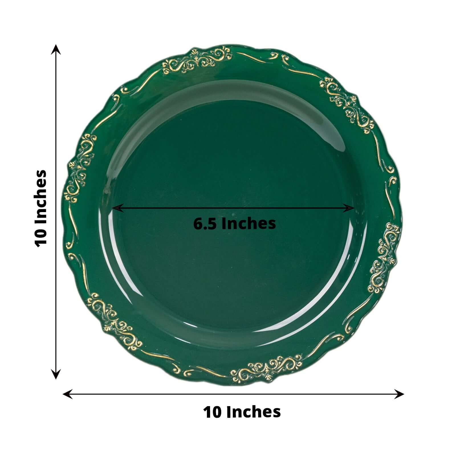 10-Pack Plastic Round Dinner Plates 10" Hunter Emerald Green with Gold Vintage Embossed Rim & Scalloped Edges - Sturdy Disposable Party Plates - Image 3