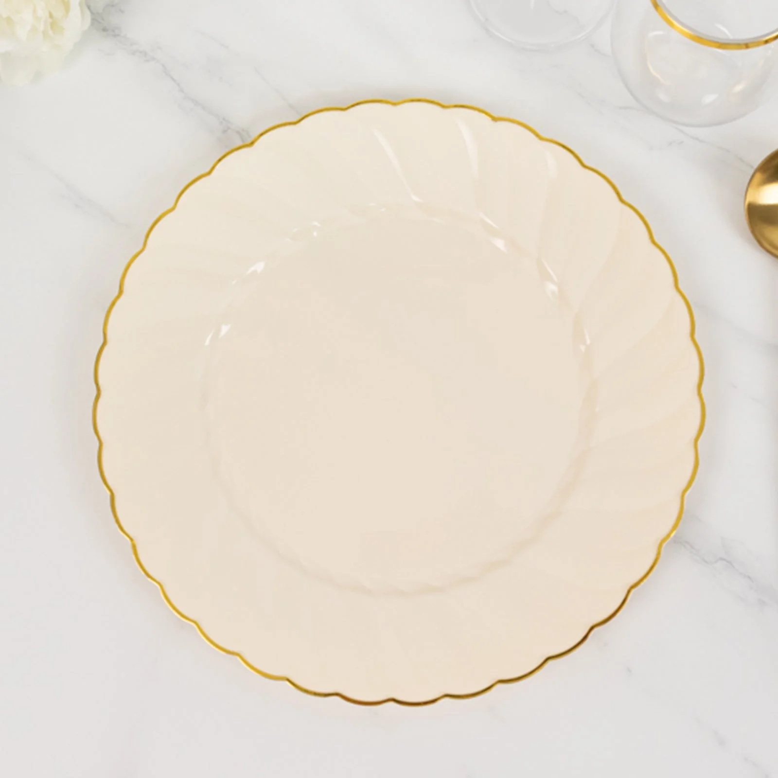 10-Pack Plastic Round Dinner Plates 10" Ivory with Gold Flair Rim - Disposable Party Plates for Classy Events & Celebrations