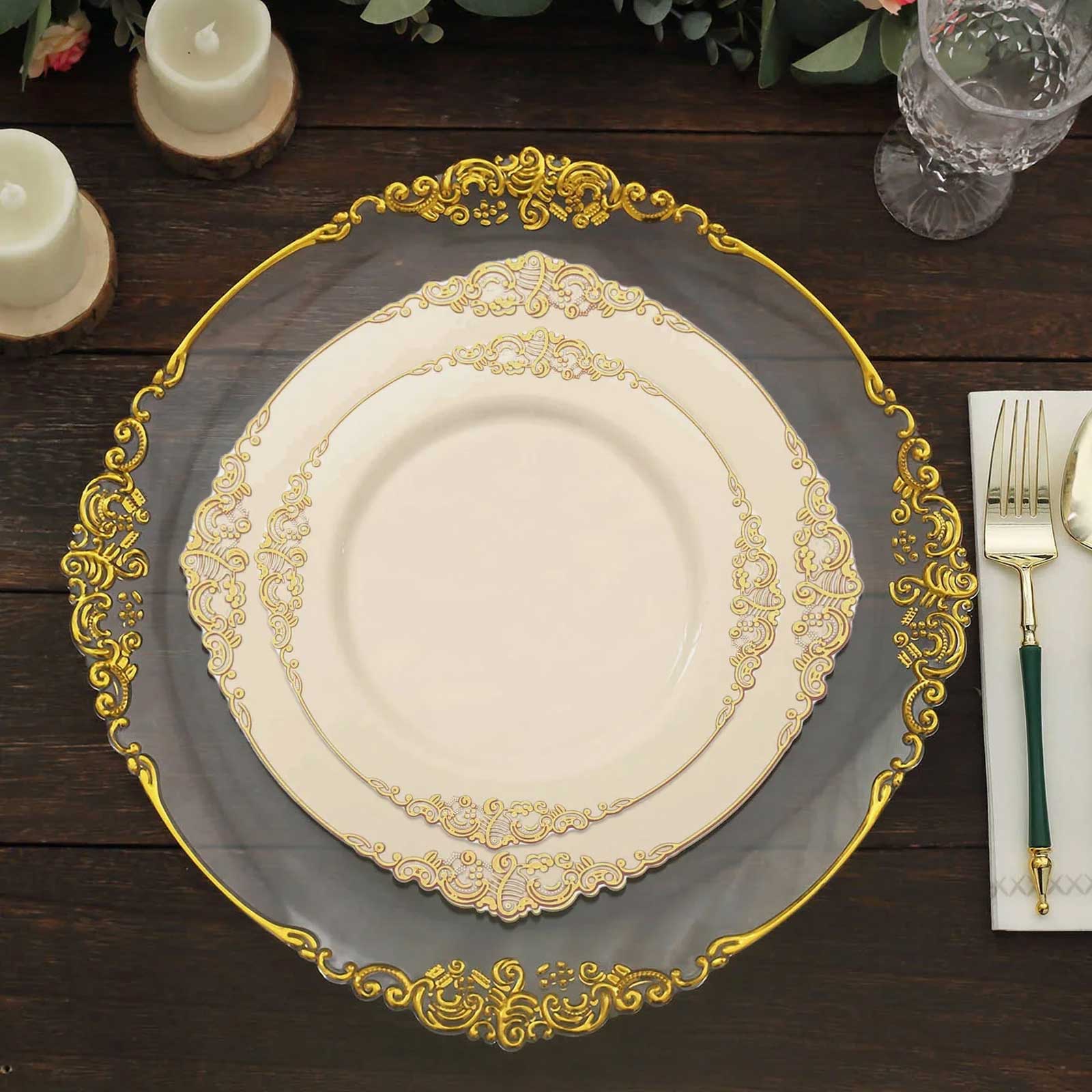 10-Pack Plastic Round Dinner Plates 10" Ivory with Gold Leaf Embossed Rim - Vintage Baroque Style Disposable Plates - Image 2