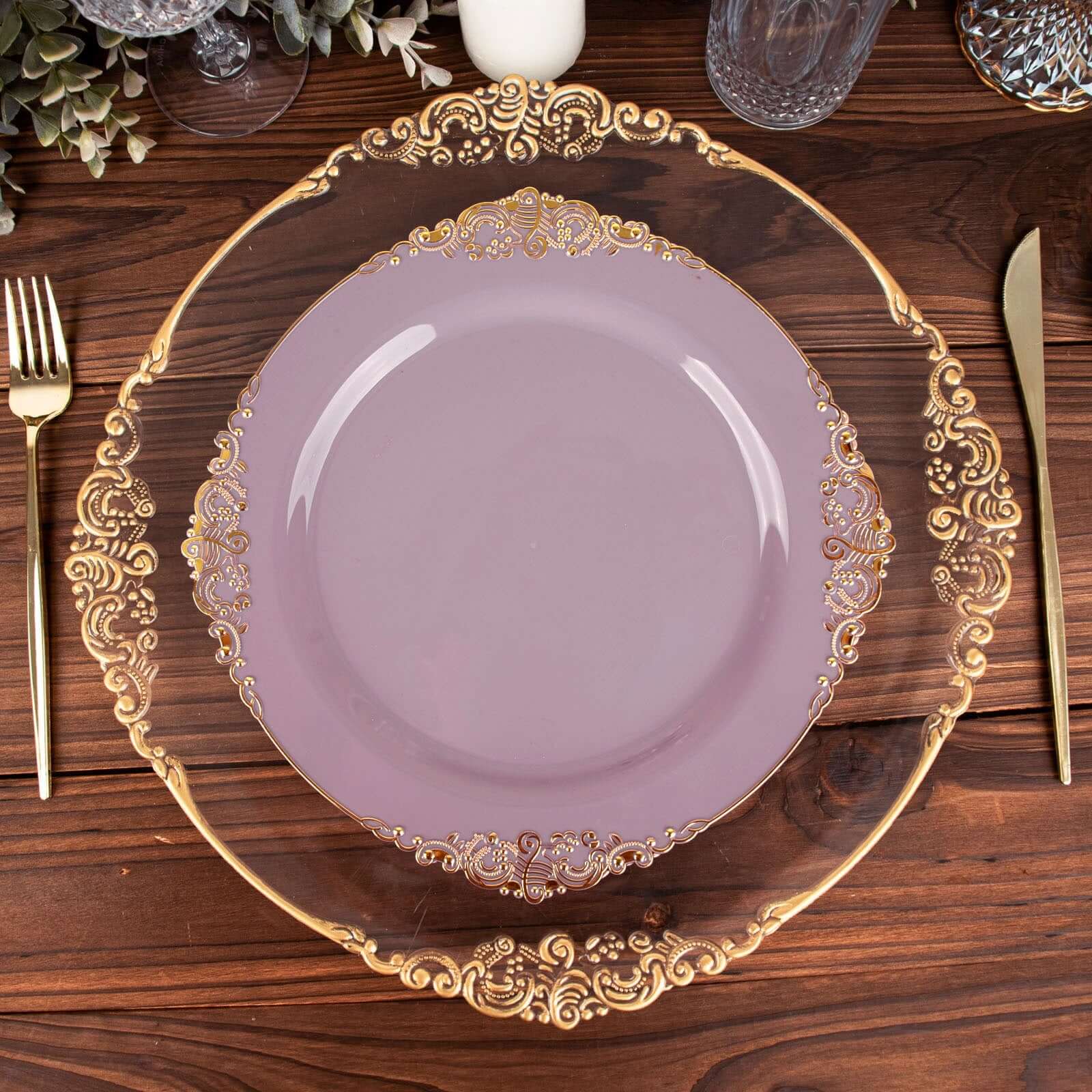 10-Pack Plastic Round Dinner Plates 10" Lavender Lilac with Gold Leaf Embossed Rim - Vintage Baroque Style Disposable Plates - Image 6