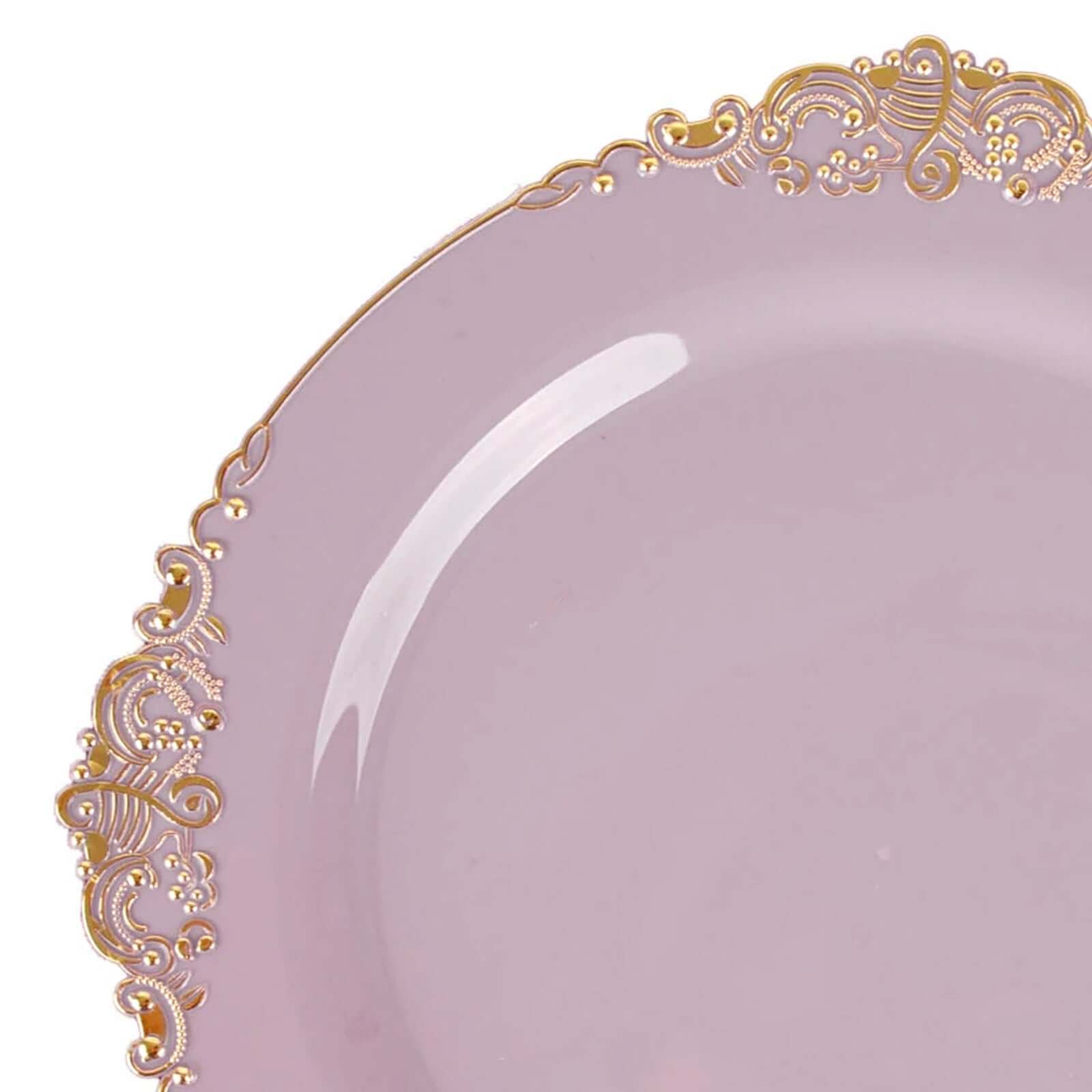 10-Pack Plastic Round Dinner Plates 10" Lavender Lilac with Gold Leaf Embossed Rim - Vintage Baroque Style Disposable Plates - Image 8