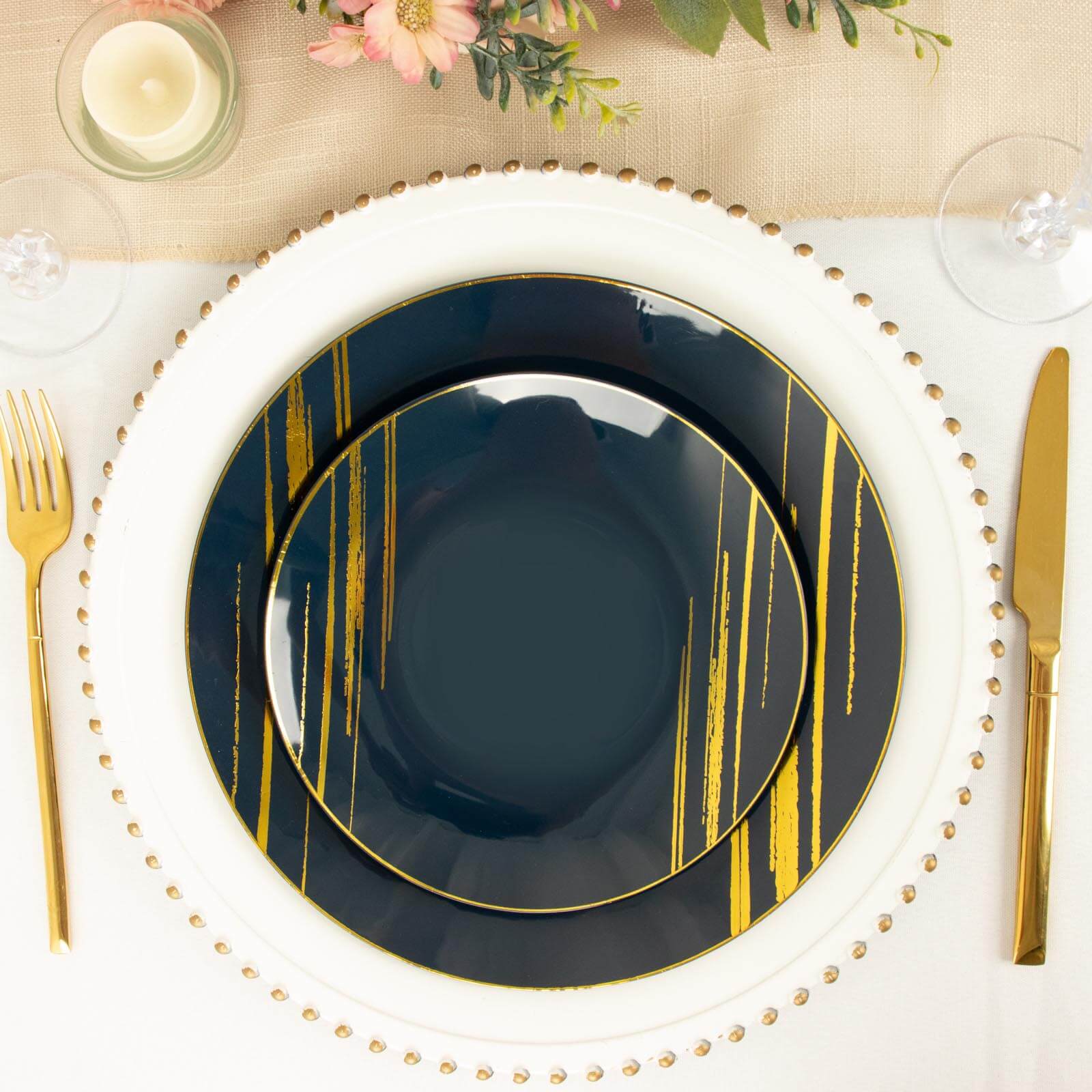 10-Pack Plastic Round Dinner Plates 10" Navy Blue with Gold Brush Stroked Print - Modern Disposable Party Dinnerware - Image 2