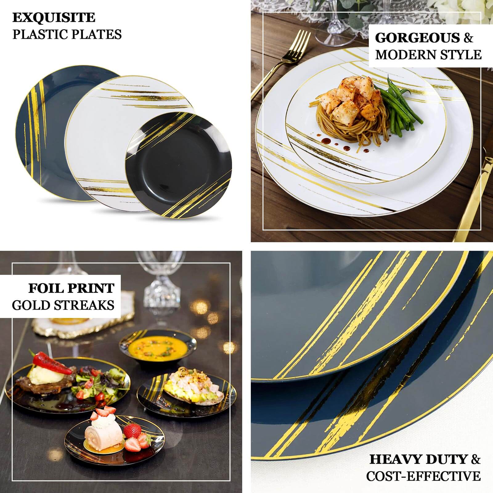 10-Pack Plastic Round Dinner Plates 10" Navy Blue with Gold Brush Stroked Print - Modern Disposable Party Dinnerware - Image 4