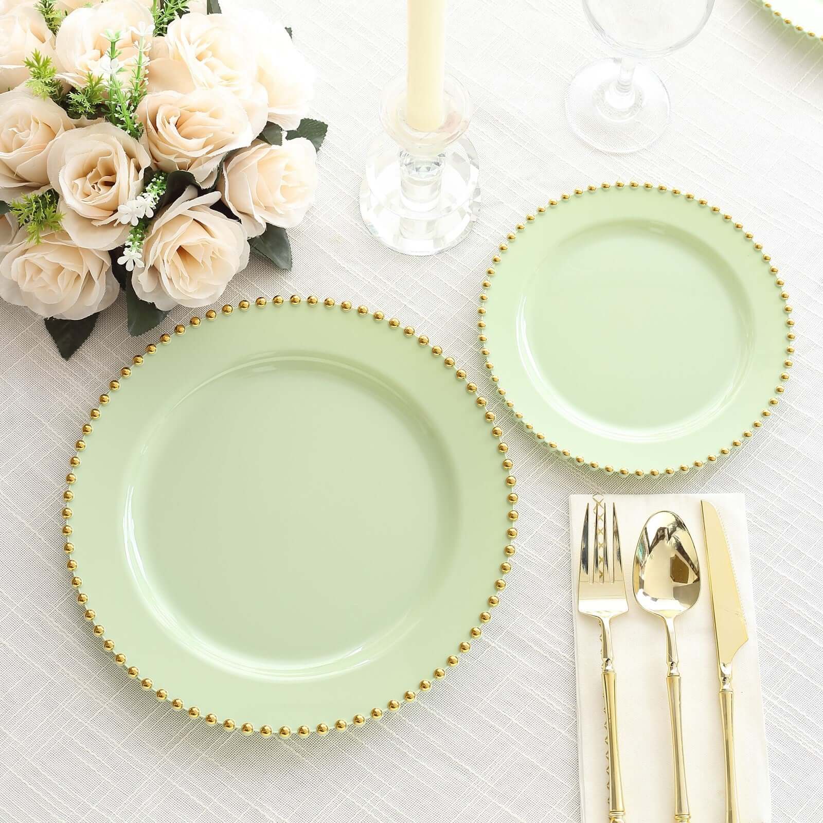 10-Pack Plastic Round Dinner Plates 10" Sage Green with Gold Beaded Rim - Disposable Party Plates