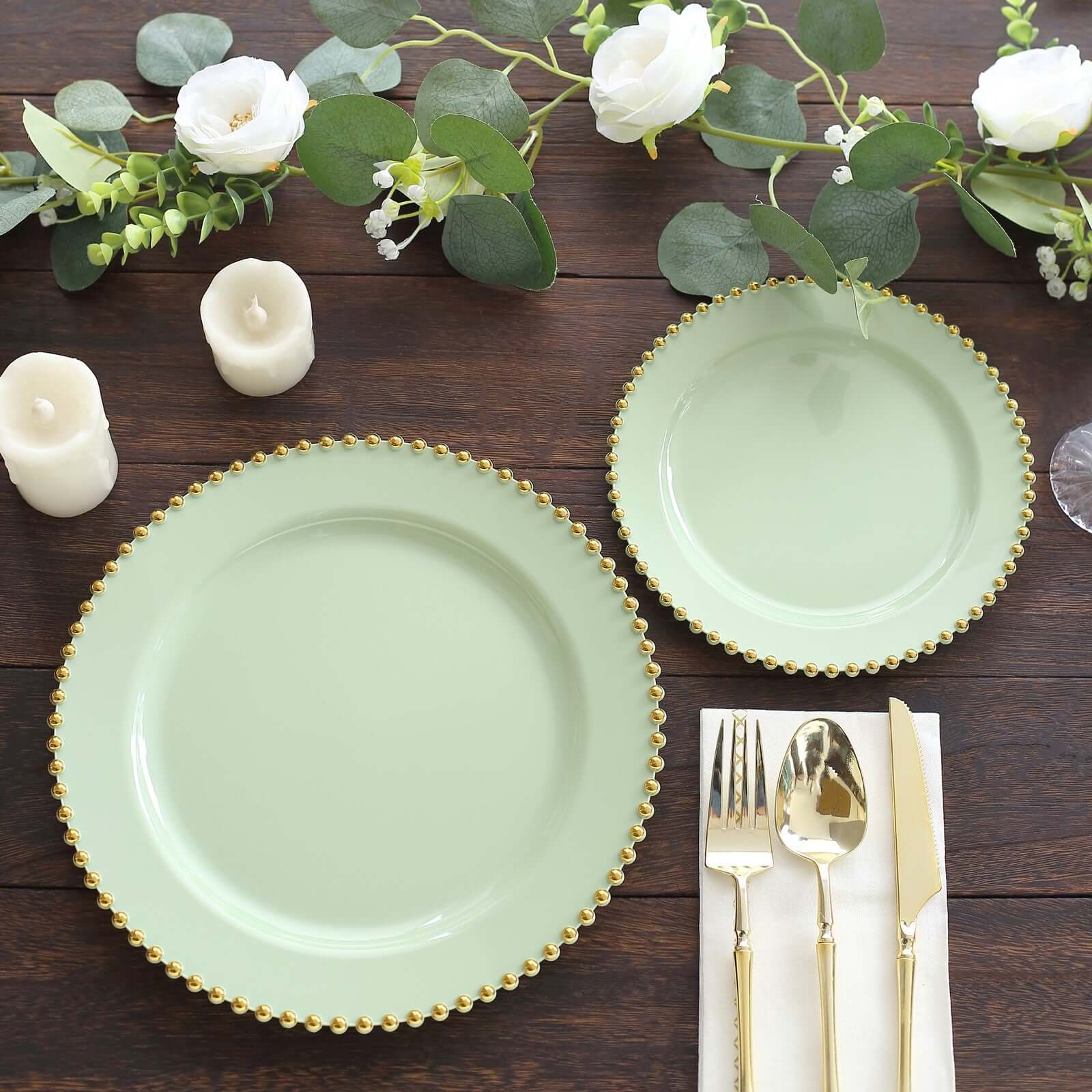 10-Pack Plastic Round Dinner Plates 10" Sage Green with Gold Beaded Rim - Disposable Party Plates - Image 8