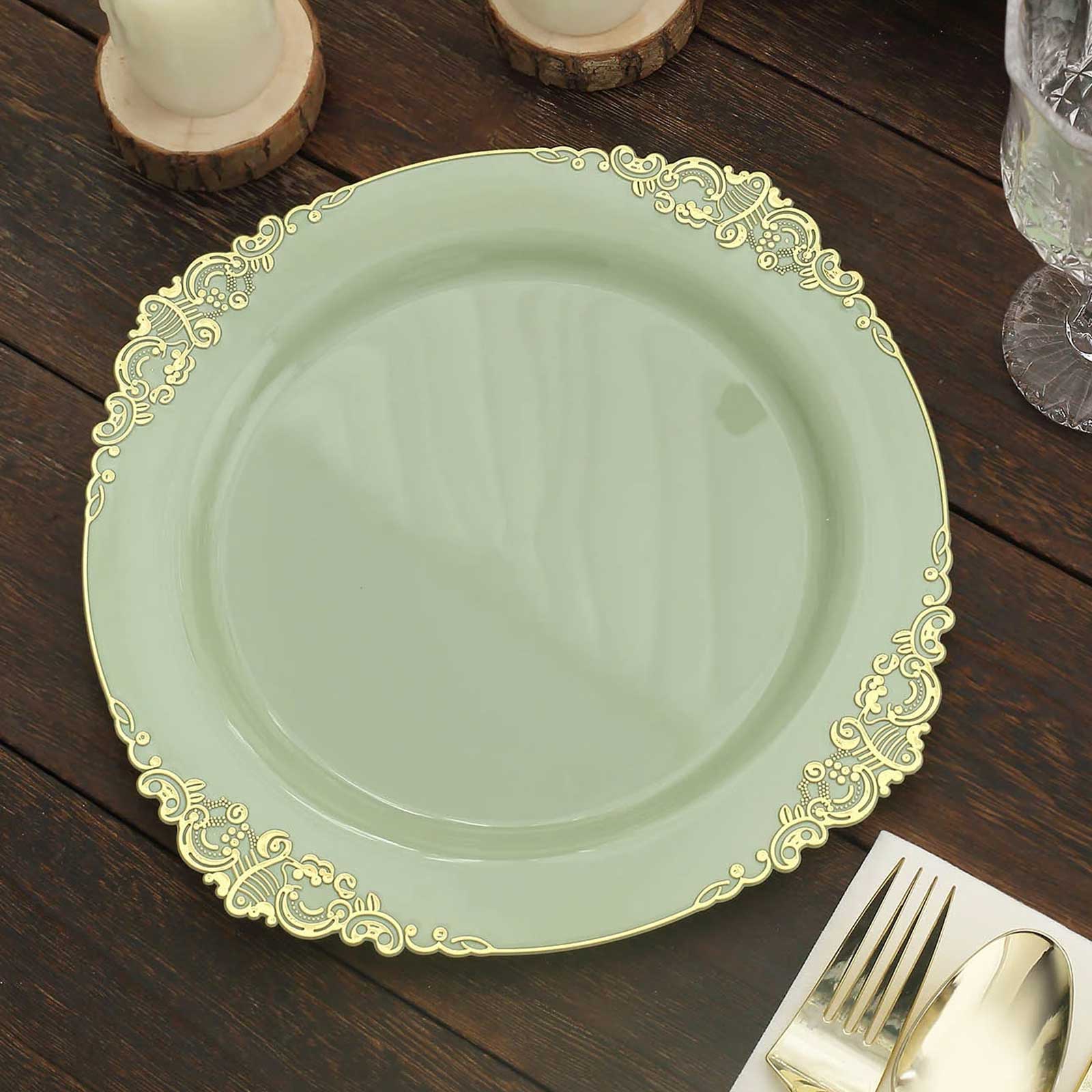 10-Pack Plastic Round Dinner Plates 10" Sage Green with Gold Leaf Embossed Rim - Vintage Baroque Style Disposable Plates