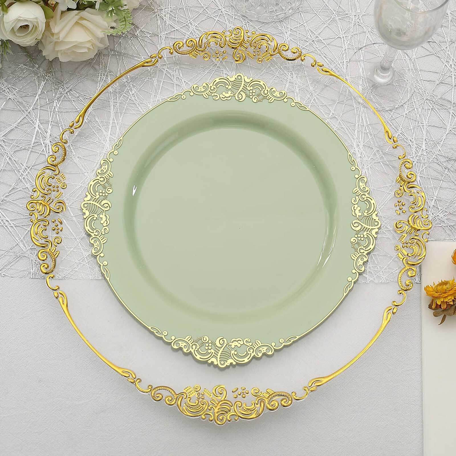 10-Pack Plastic Round Dinner Plates 10" Sage Green with Gold Leaf Embossed Rim - Vintage Baroque Style Disposable Plates - Image 6