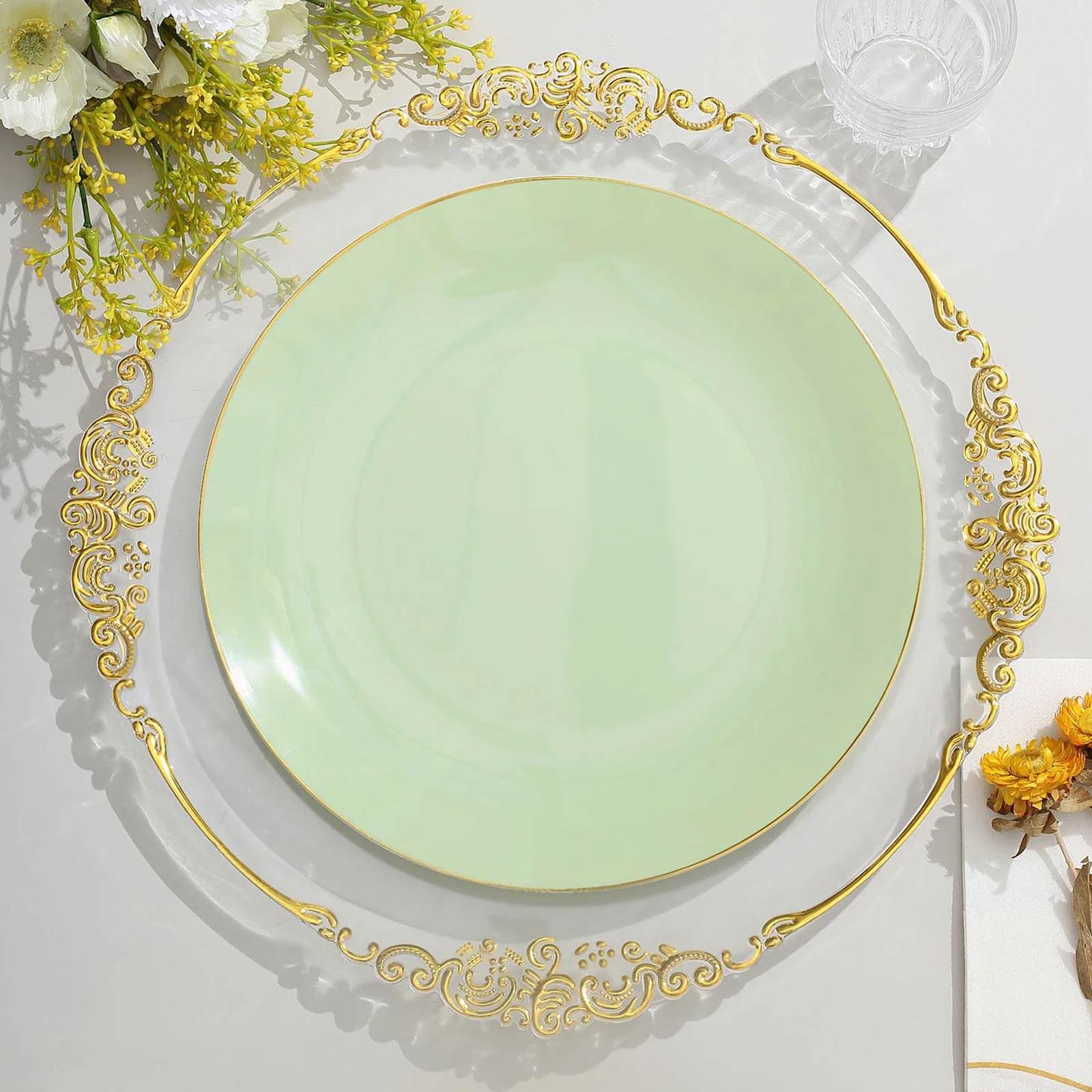 10-Pack Plastic Round Dinner Plates 10" Sage Green with Gold Rim - Glossy Disposable Party Plates - Image 6