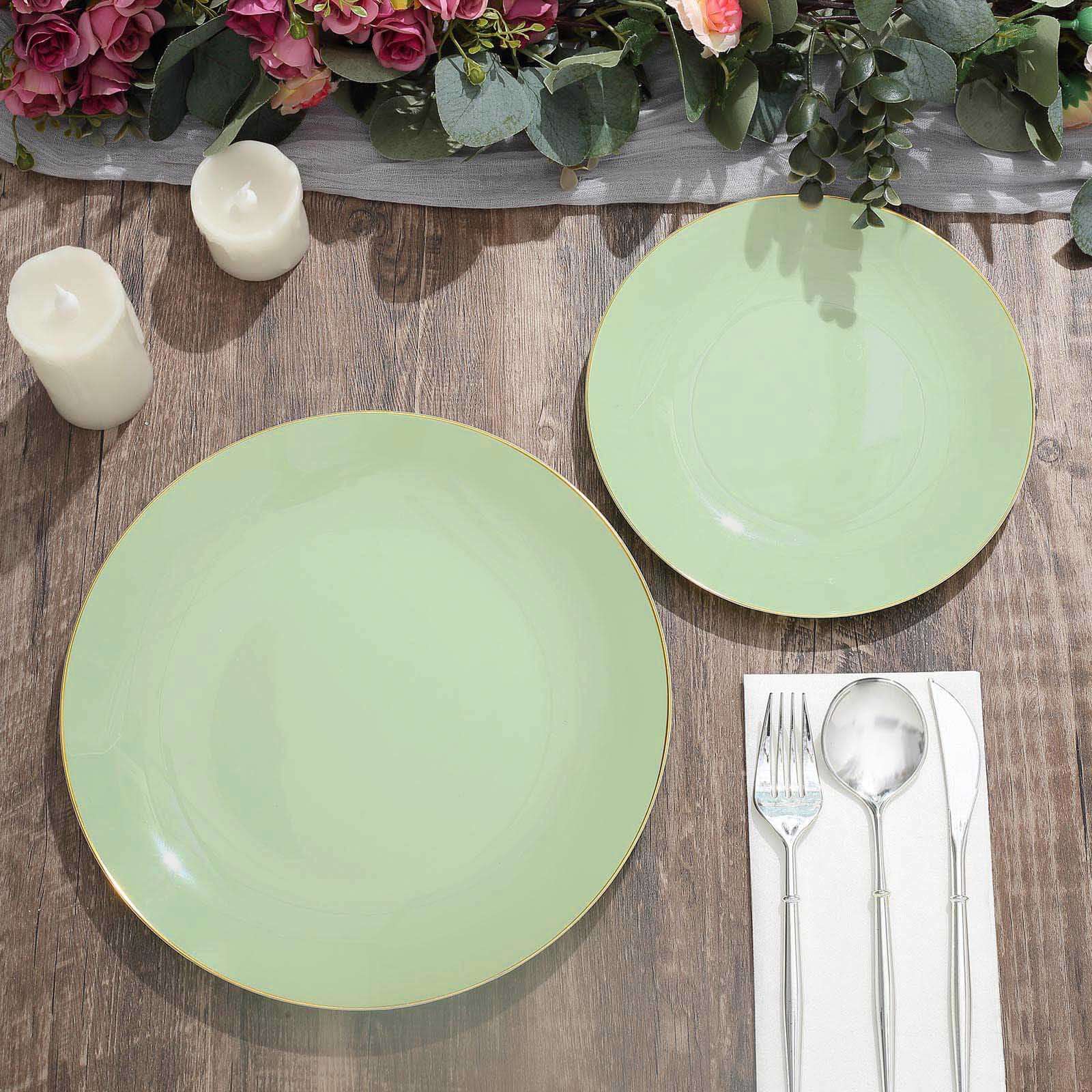 10-Pack Plastic Round Dinner Plates 10" Sage Green with Gold Rim - Glossy Disposable Party Plates - Image 8
