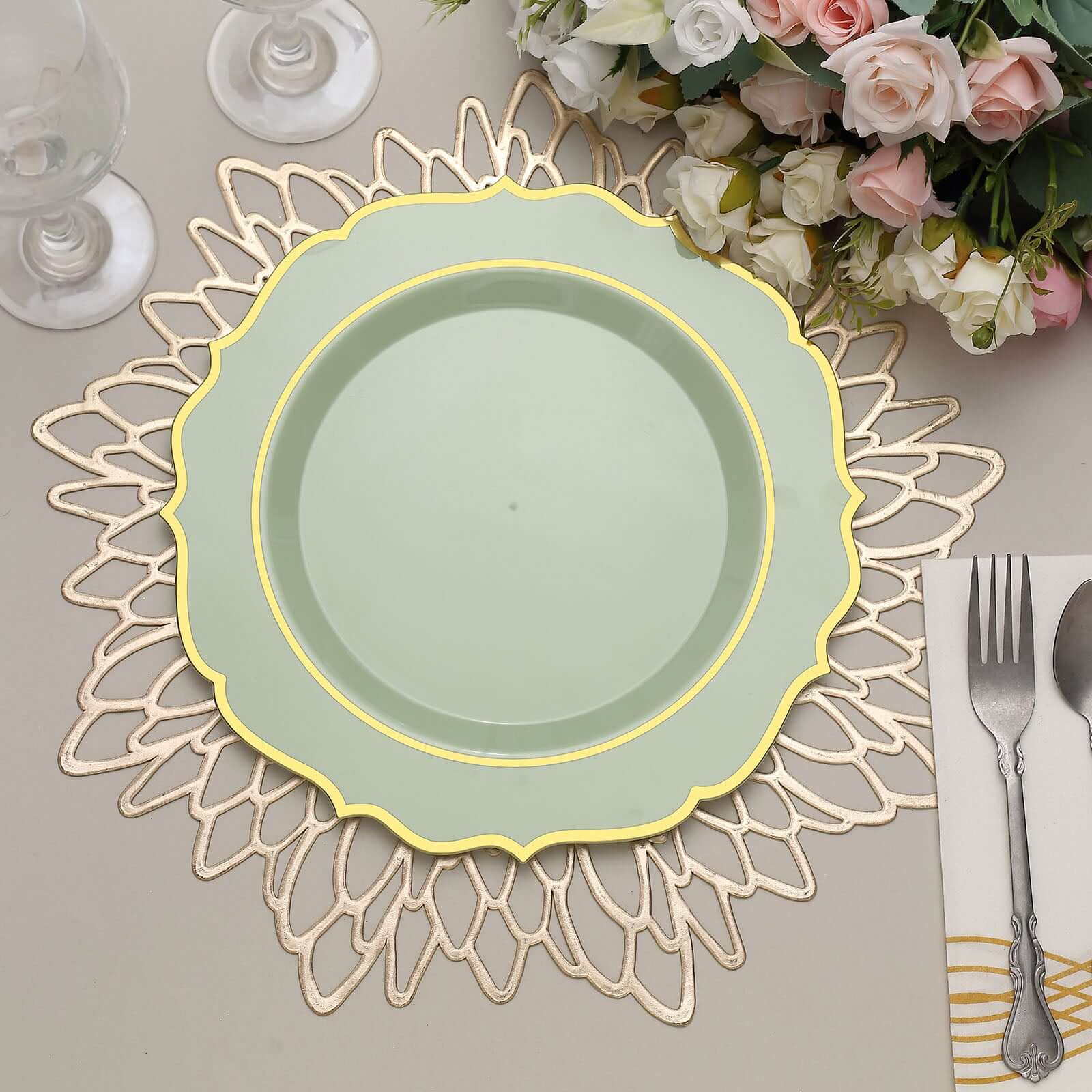 10-Pack Plastic Round Dinner Plates 10" Sage Green with Gold Scalloped Rim - Disposable Party Plates - Image 2
