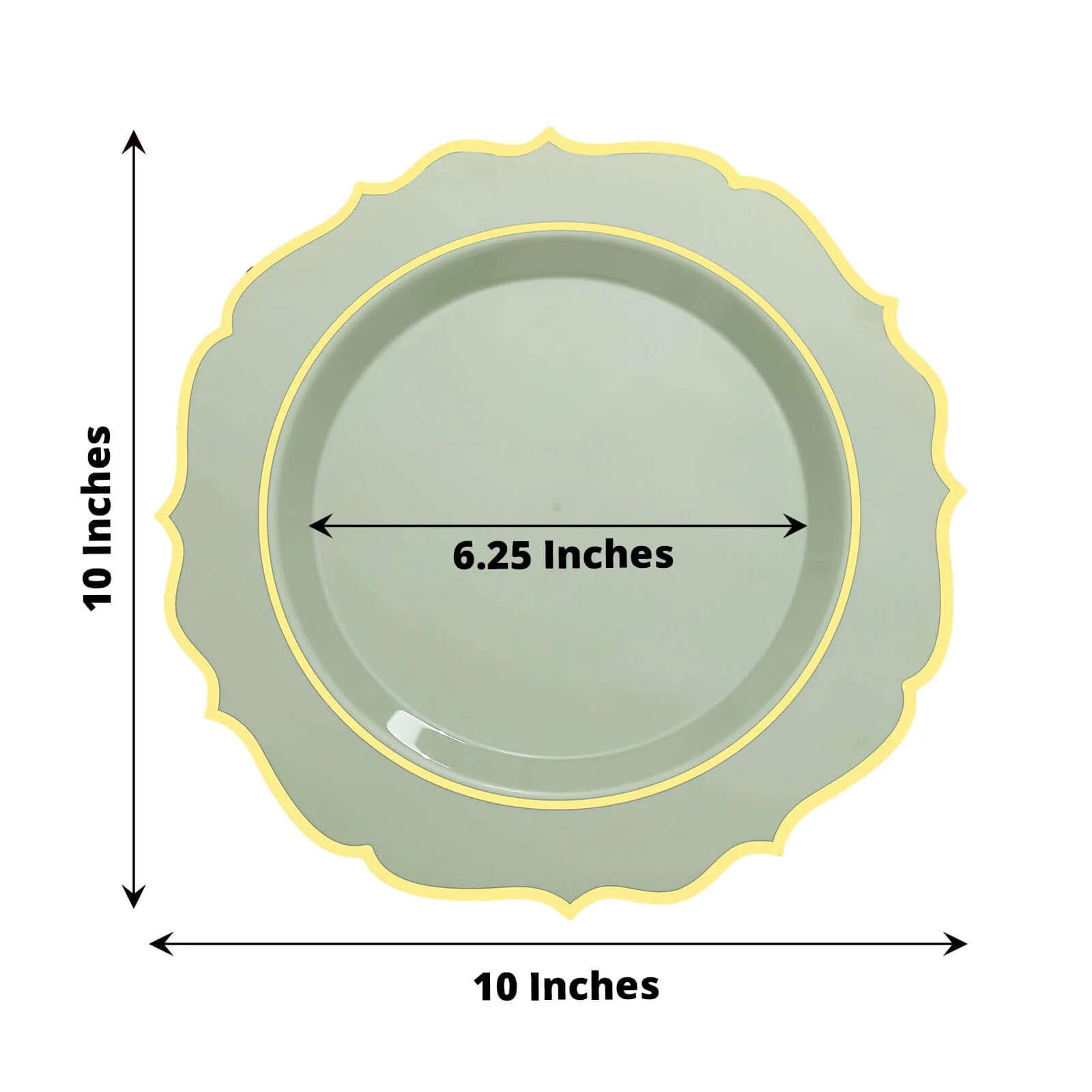 10-Pack Plastic Round Dinner Plates 10" Sage Green with Gold Scalloped Rim - Disposable Party Plates - Image 3
