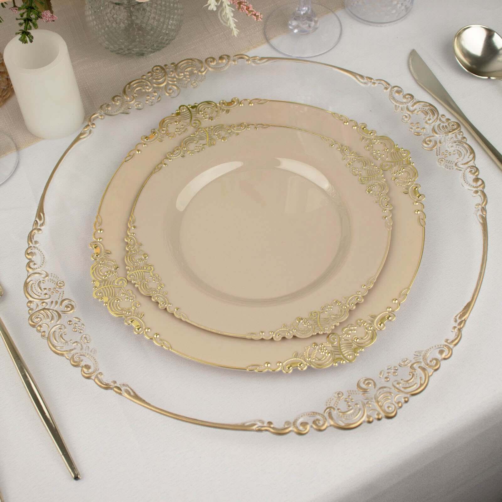 10-Pack Plastic Round Dinner Plates 10" Taupe with Gold Leaf Embossed Rim - Vintage Baroque Style Disposable Plates - Image 2