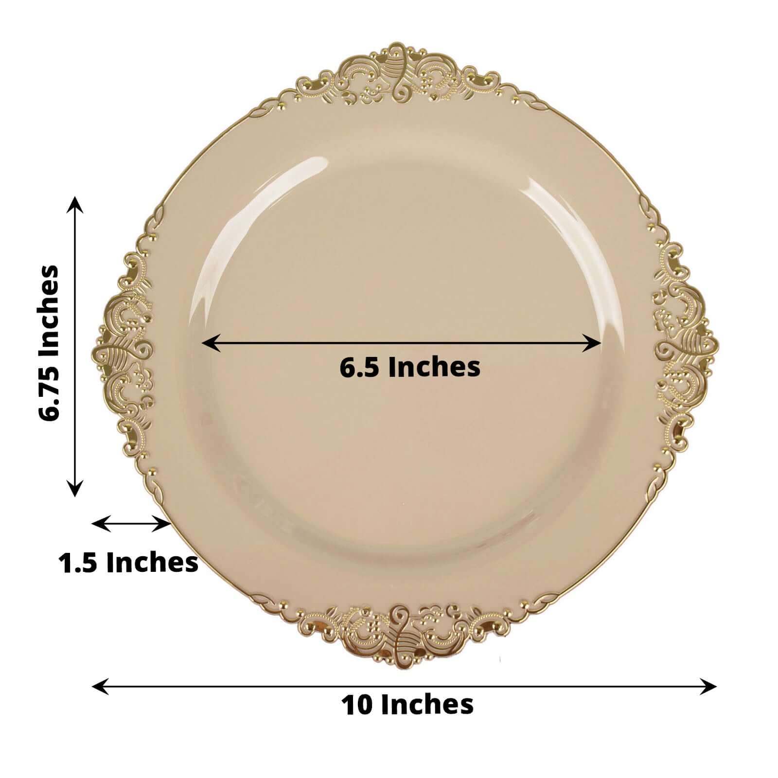 10-Pack Plastic Round Dinner Plates 10" Taupe with Gold Leaf Embossed Rim - Vintage Baroque Style Disposable Plates - Image 3