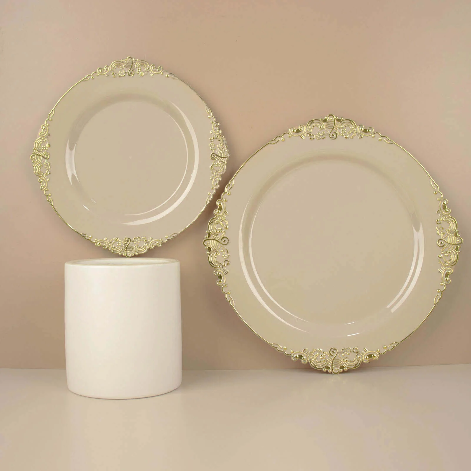 10-Pack Plastic Round Dinner Plates 10" Taupe with Gold Leaf Embossed Rim - Vintage Baroque Style Disposable Plates - Image 7