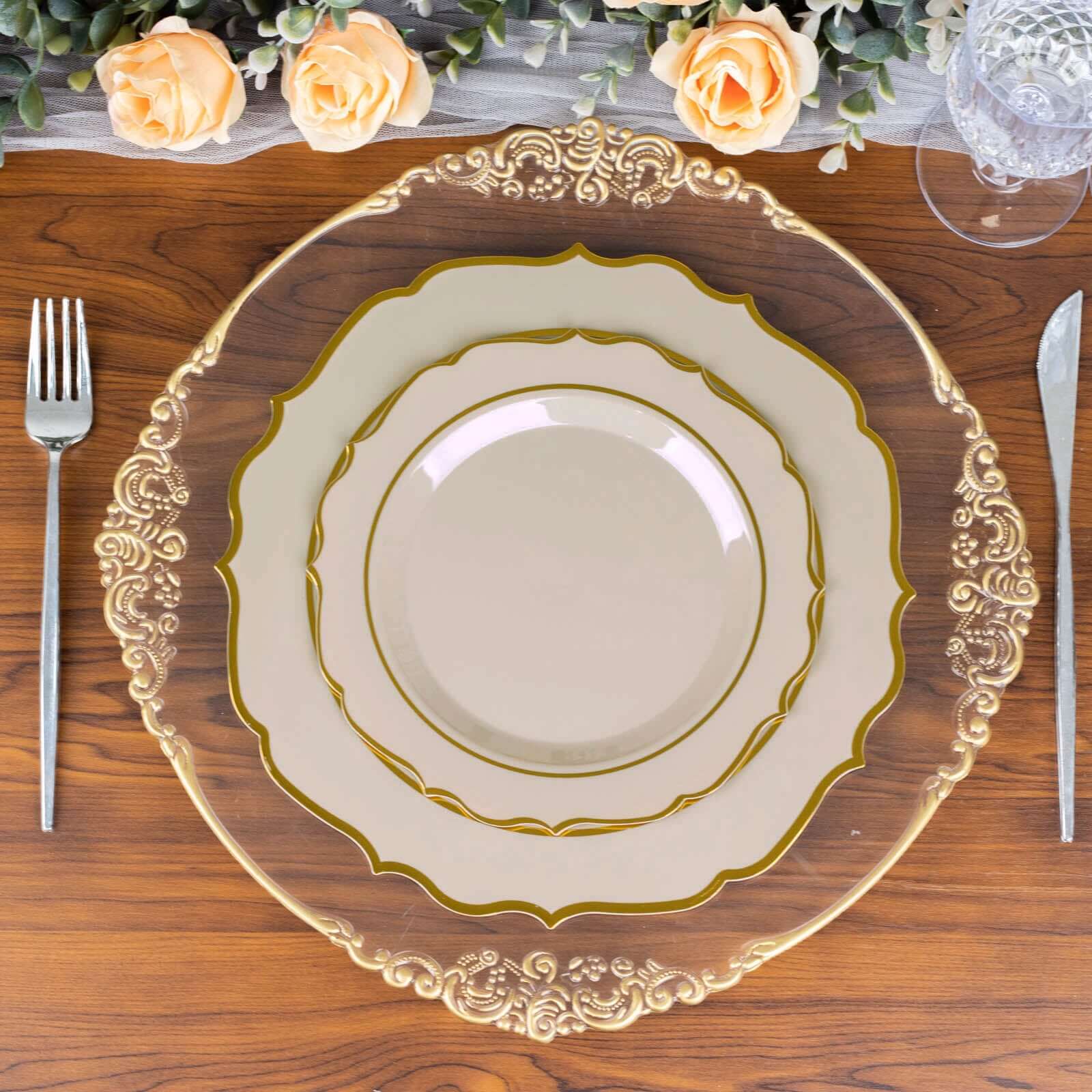 10-Pack Plastic Round Dinner Plates 10" Taupe with Gold Scalloped Rim - Disposable Party Plates - Image 8