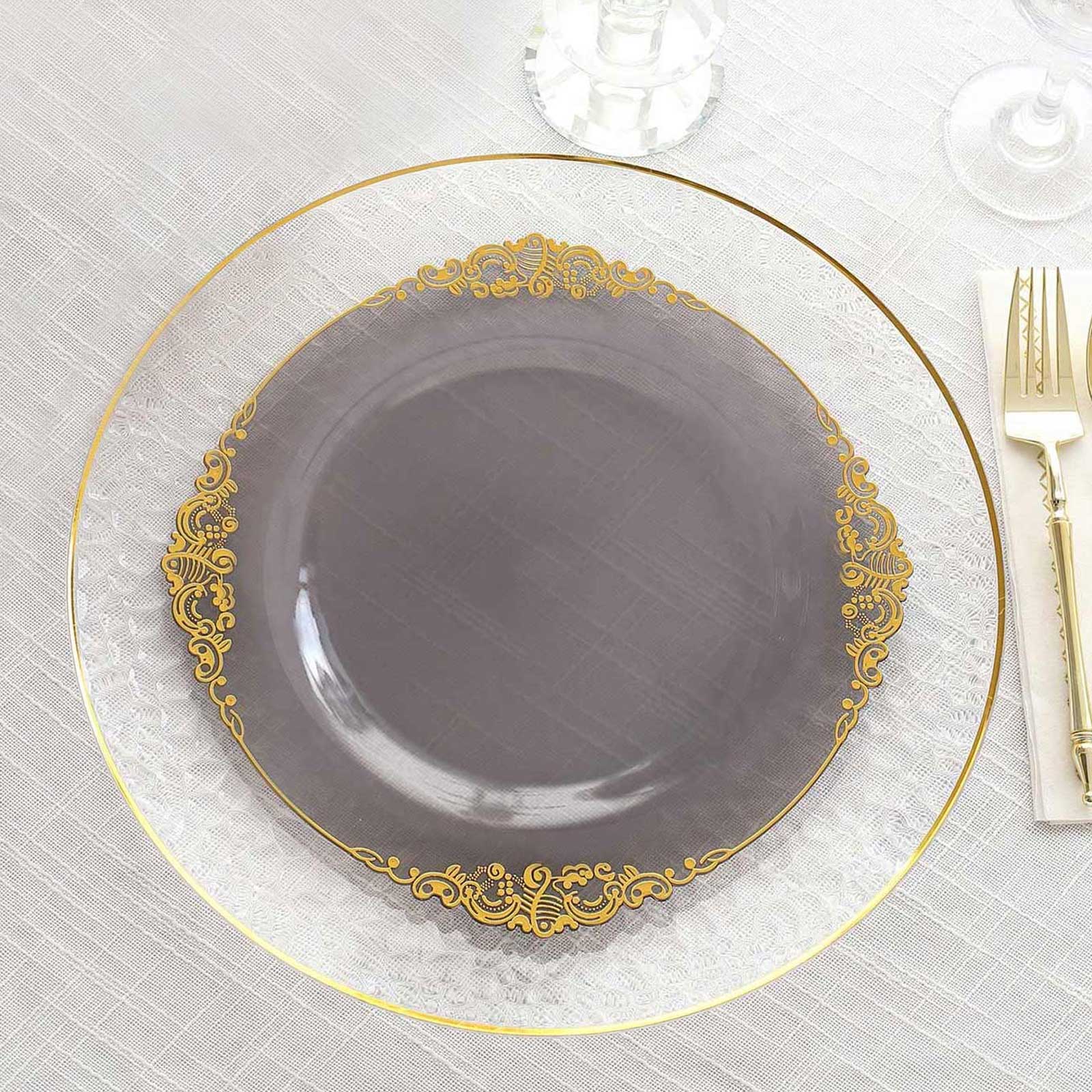 10-Pack Plastic Round Dinner Plates 10" Transparent Black with Gold Leaf Embossed Rim - Vintage Baroque Style Disposable Plates